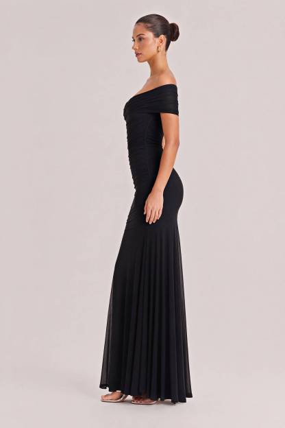 Elegance Effortless  Mesh Off Shoulder Ruched Stretch Maxi Dress