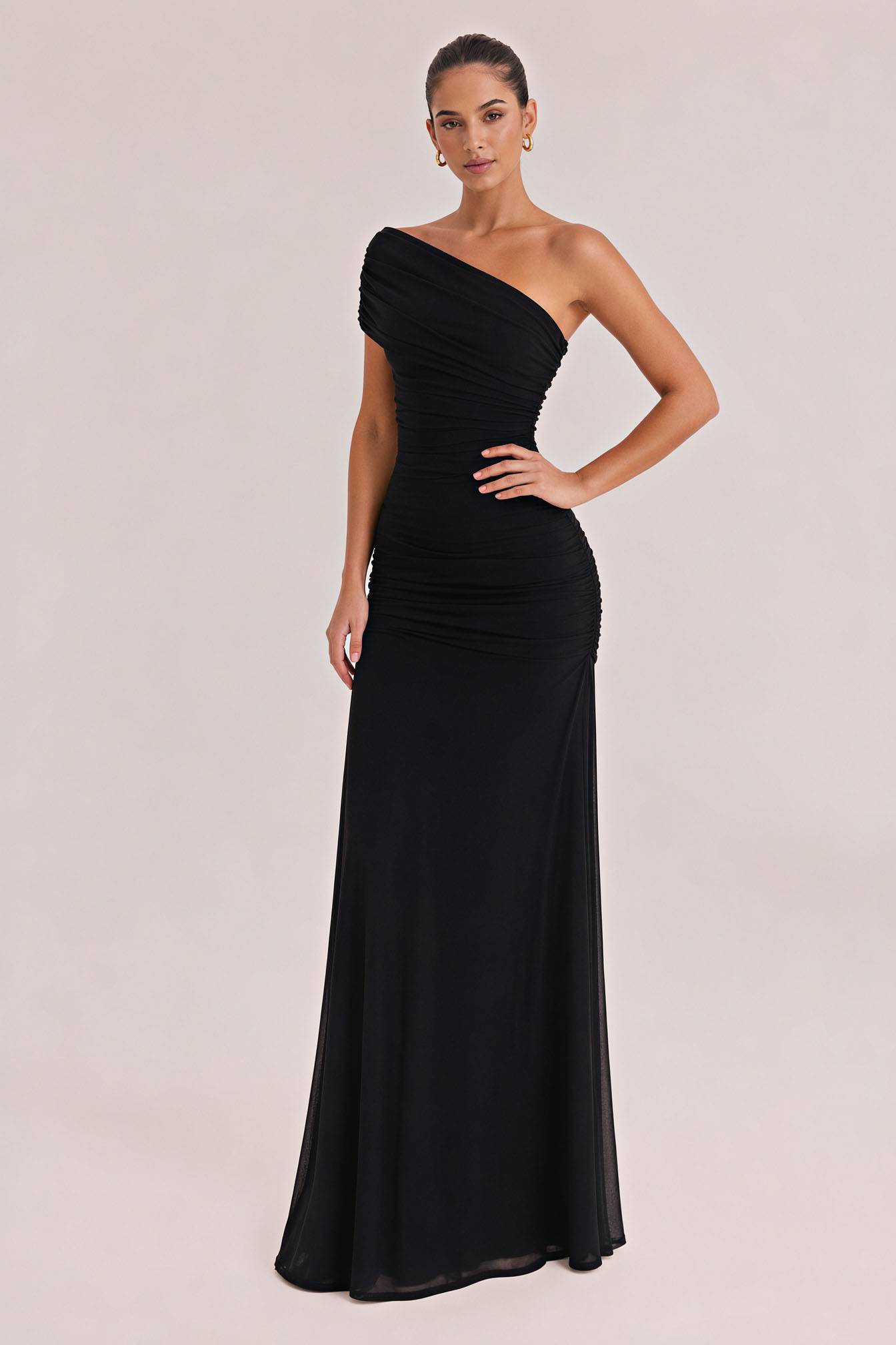 Elegance Effortless  Mesh Off Shoulder Ruched Stretch Maxi Dress