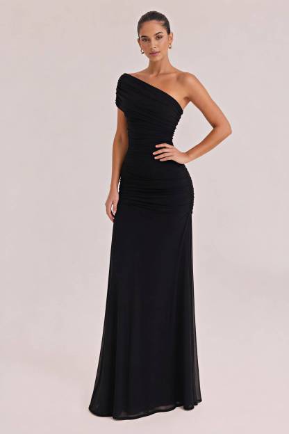 Elegance Effortless  Mesh Off Shoulder Ruched Stretch Maxi Dress