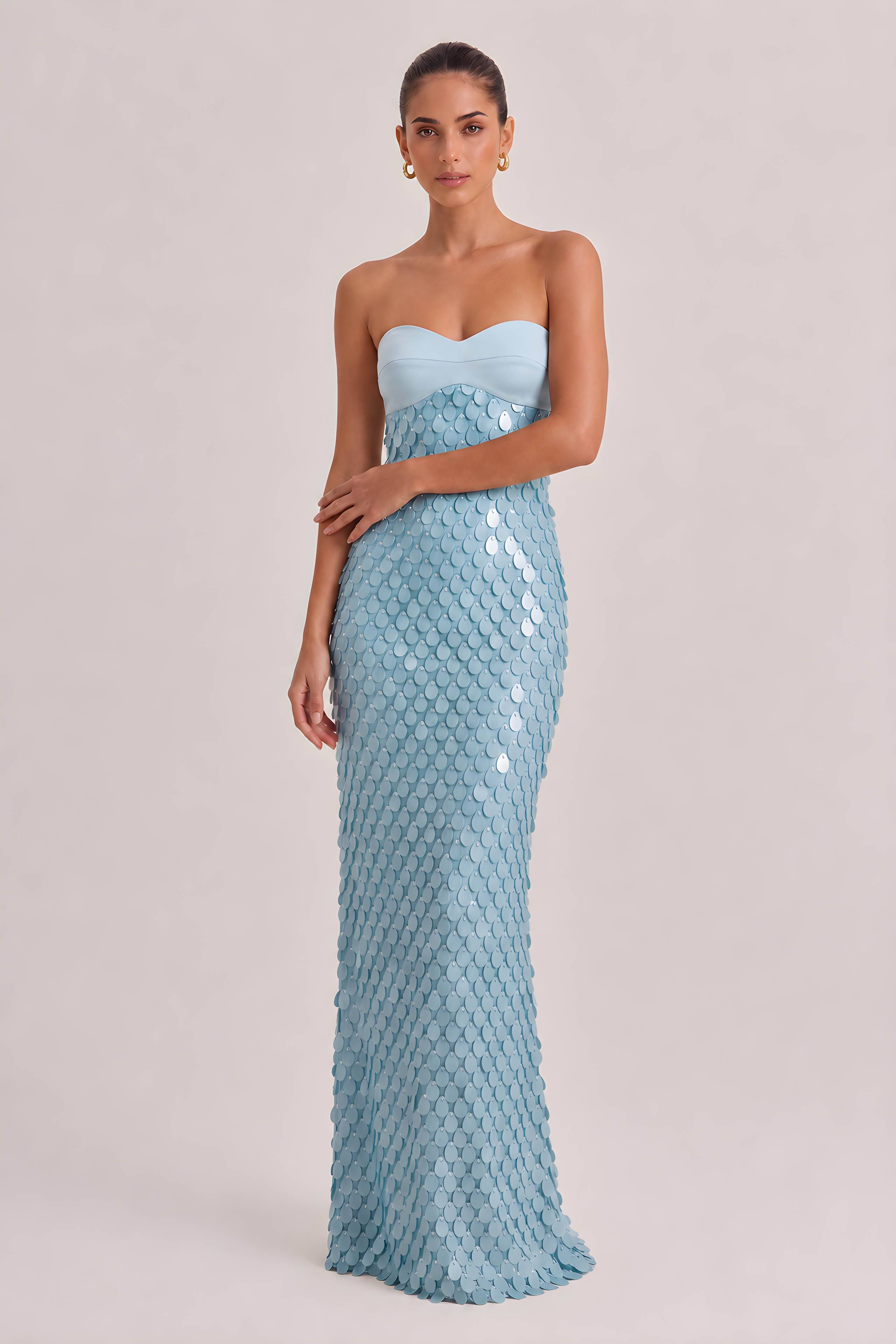 Elegant Strapless Lace Sequined Maxi Dress