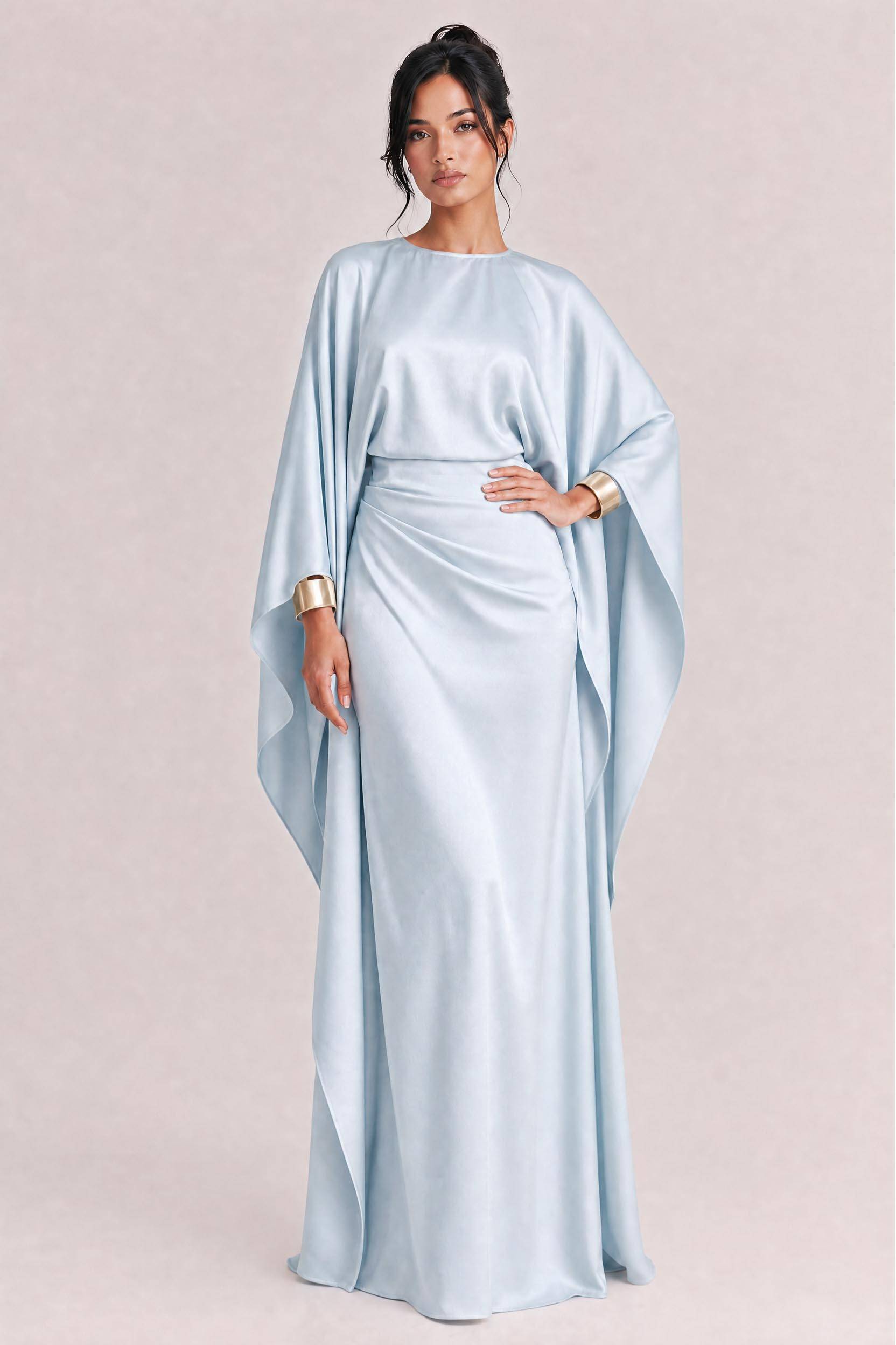 Elegant Satin Pleated Batwing Sleeve Maxi Dress