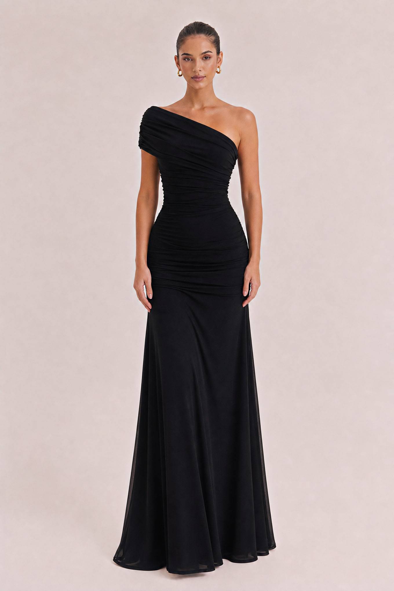 Elegance Effortless  Mesh Off Shoulder Ruched Stretch Maxi Dress