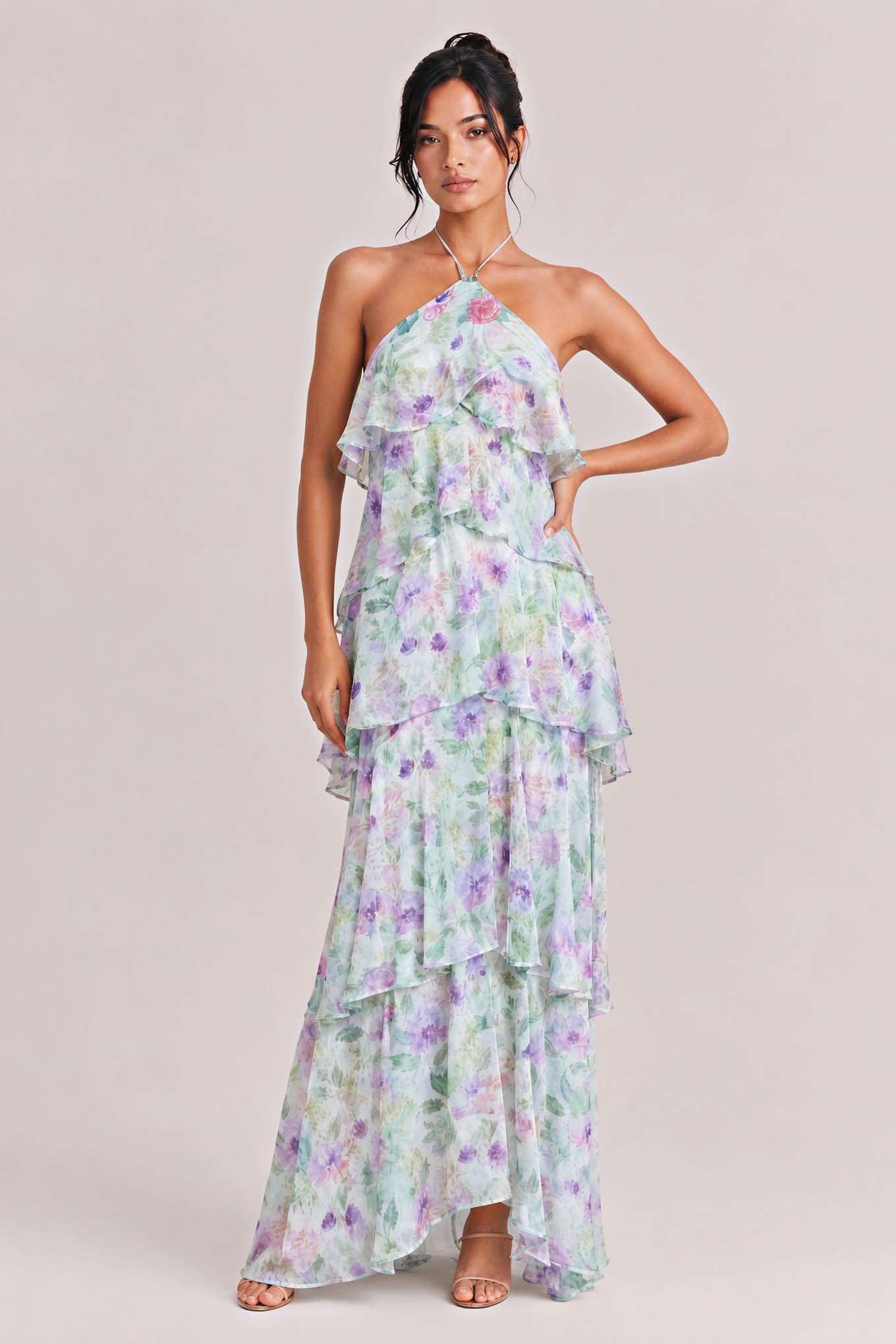 Halter Neck Multi-Layered Ruffle Floral Print Dress