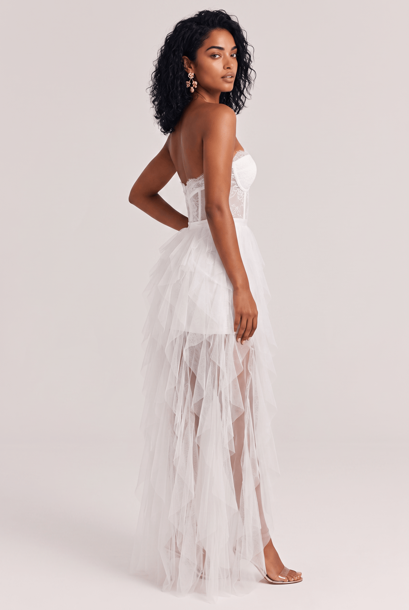 White Strapless Lace Waist Irregular Front Short Back Long Mesh Trailing Short Dress