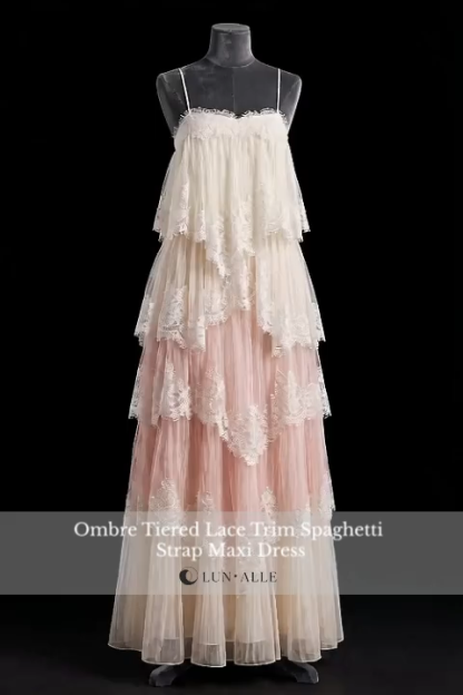 Ombre Tiered Lace Trim Spaghetti Strap Maxi Dress