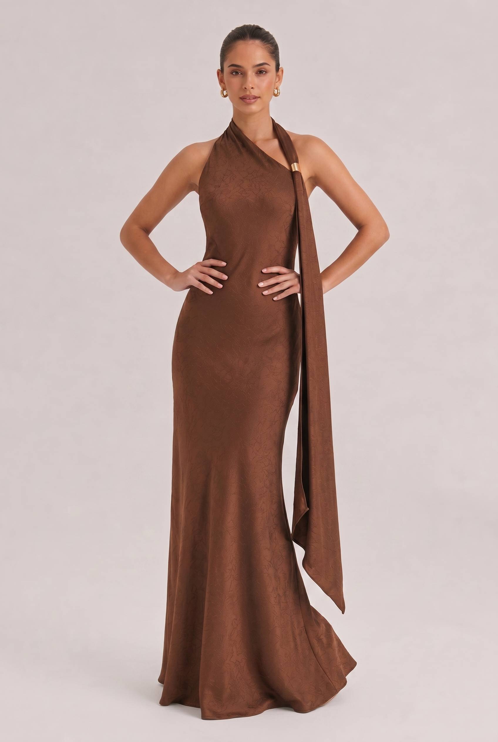 Elegant Bronze One-Shoulder Satin Maxi Dress