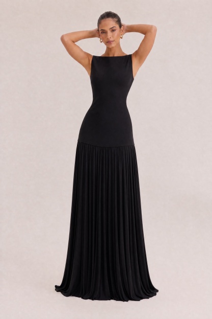 Elegant Pleated Classic Boat Neck Pleated Maxi Dress