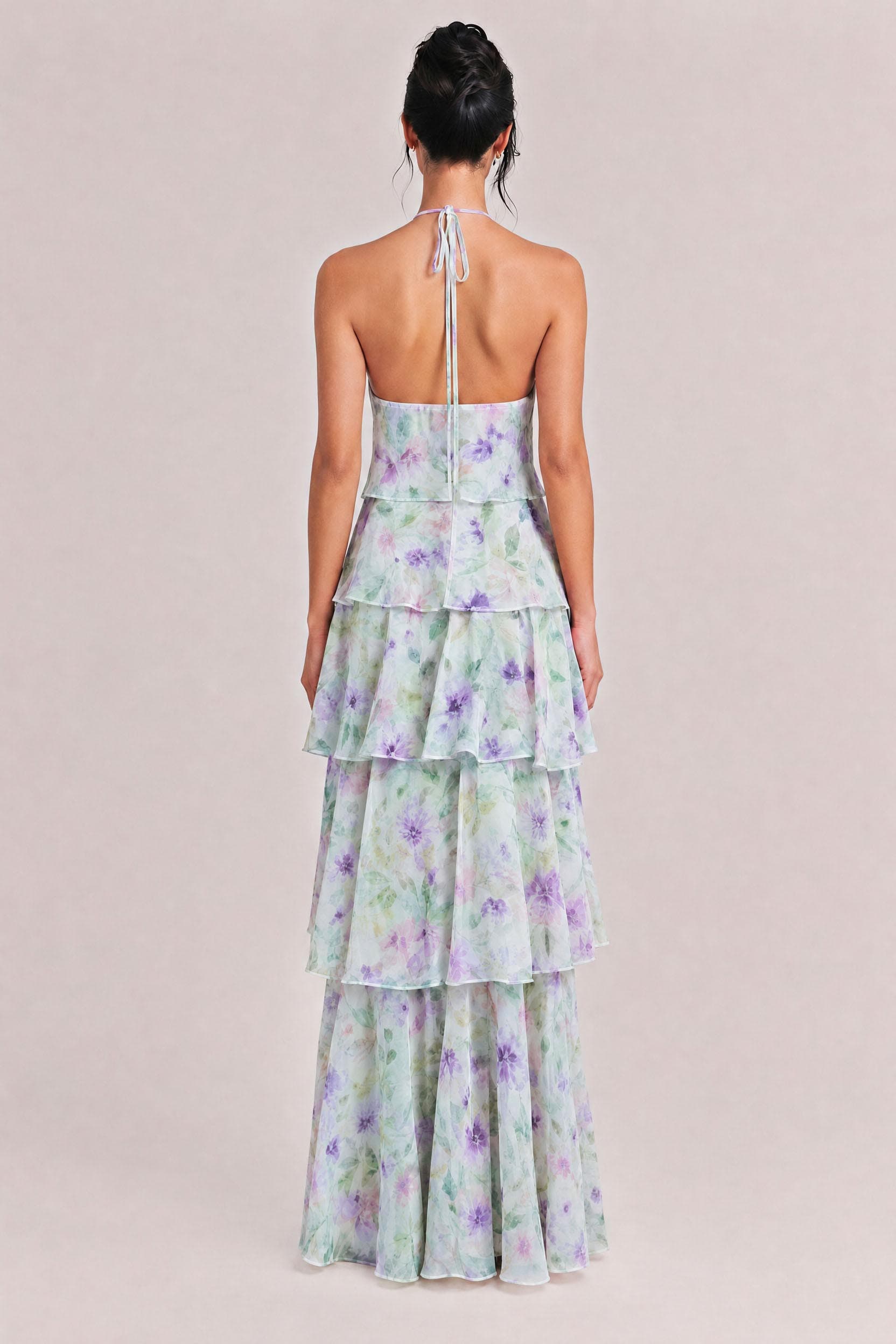 Halter Neck Multi-Layered Ruffle Floral Print Dress