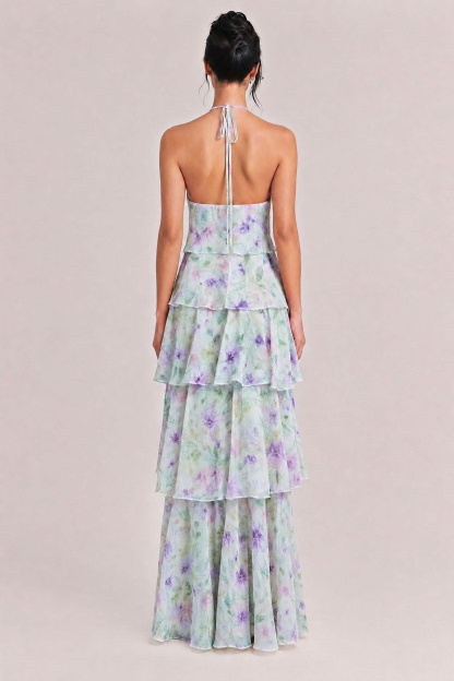 Halter Neck Multi-Layered Ruffle Floral Print Dress