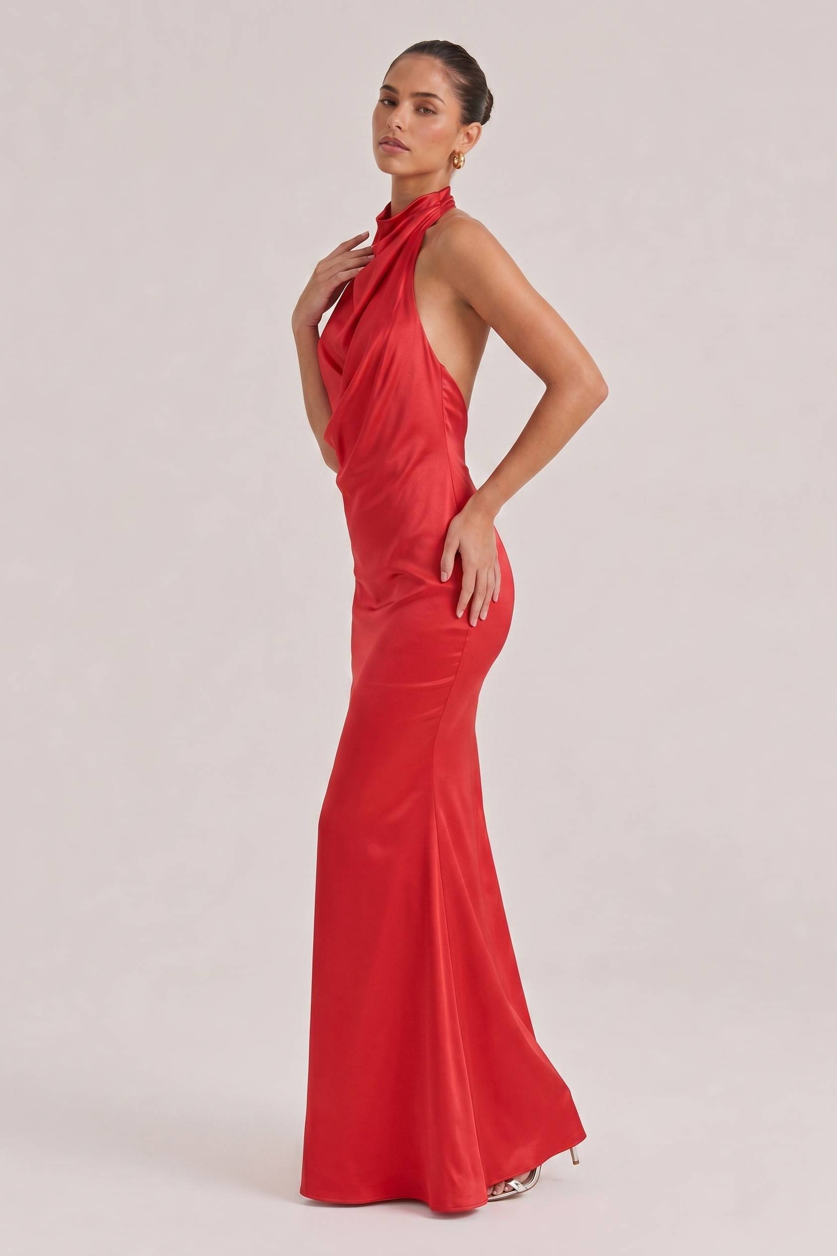 Elegant Draped Neckline Exquisite Satin Maxi Dress