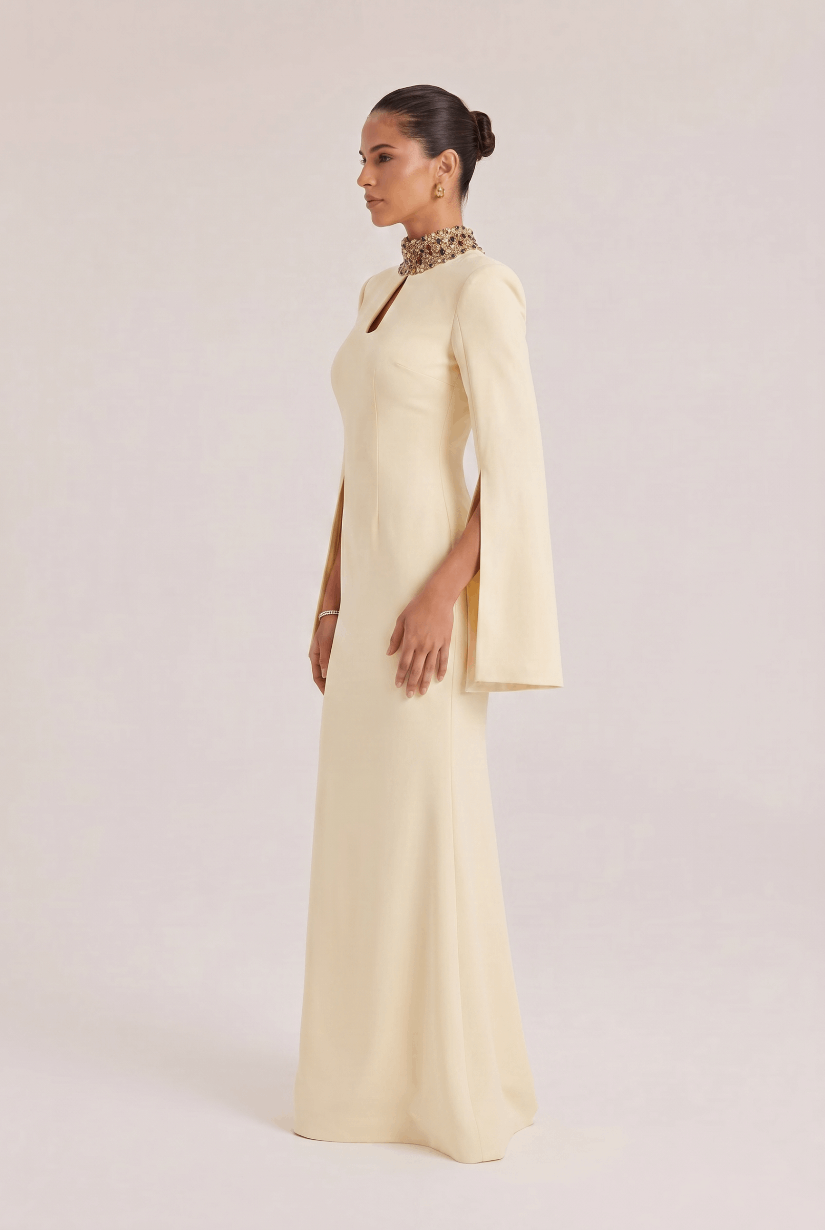Vertical Collar Beaded And Diamond Split Dress