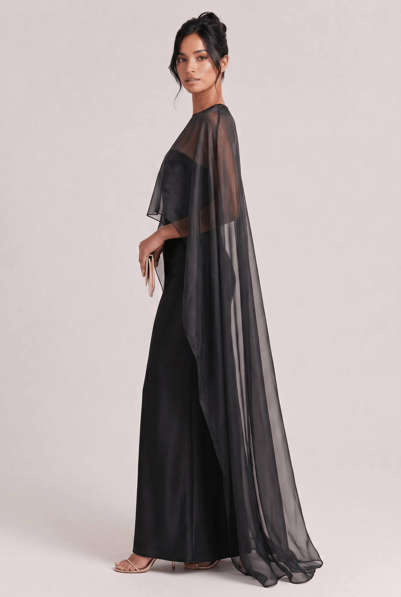 Elegant Sheer Cape Overlay Satin Maxi Dress