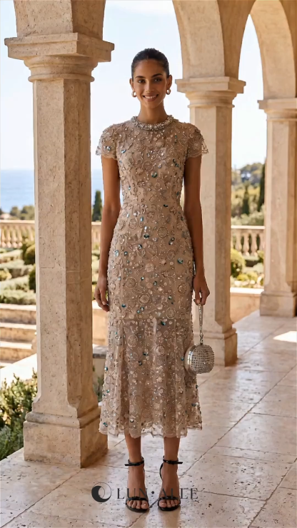 Nude Mesh Heavy-Duty Colored Diamond Beaded Round Neck Short-Sleeved Slim-Fit Mid-Length Dress