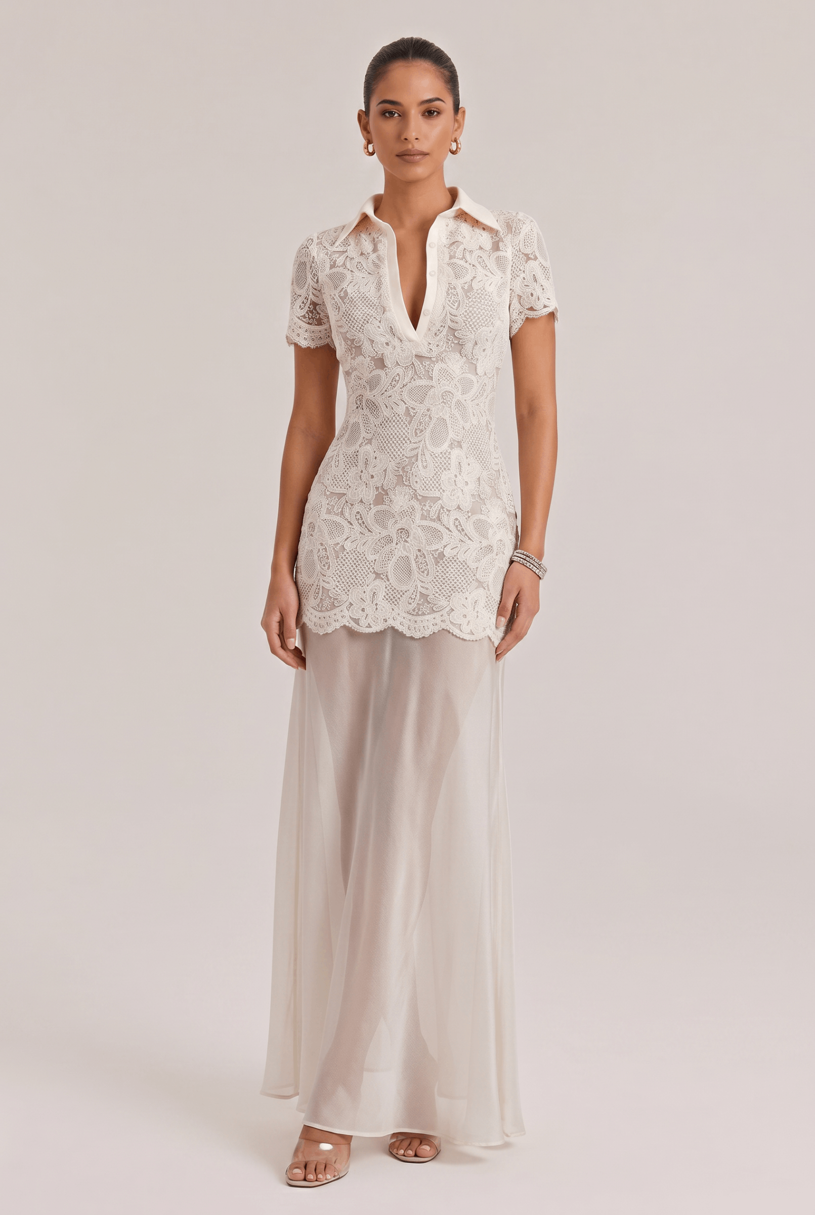 Elegant Fit Button Short Sleeve Lace Top And Satin Skirt