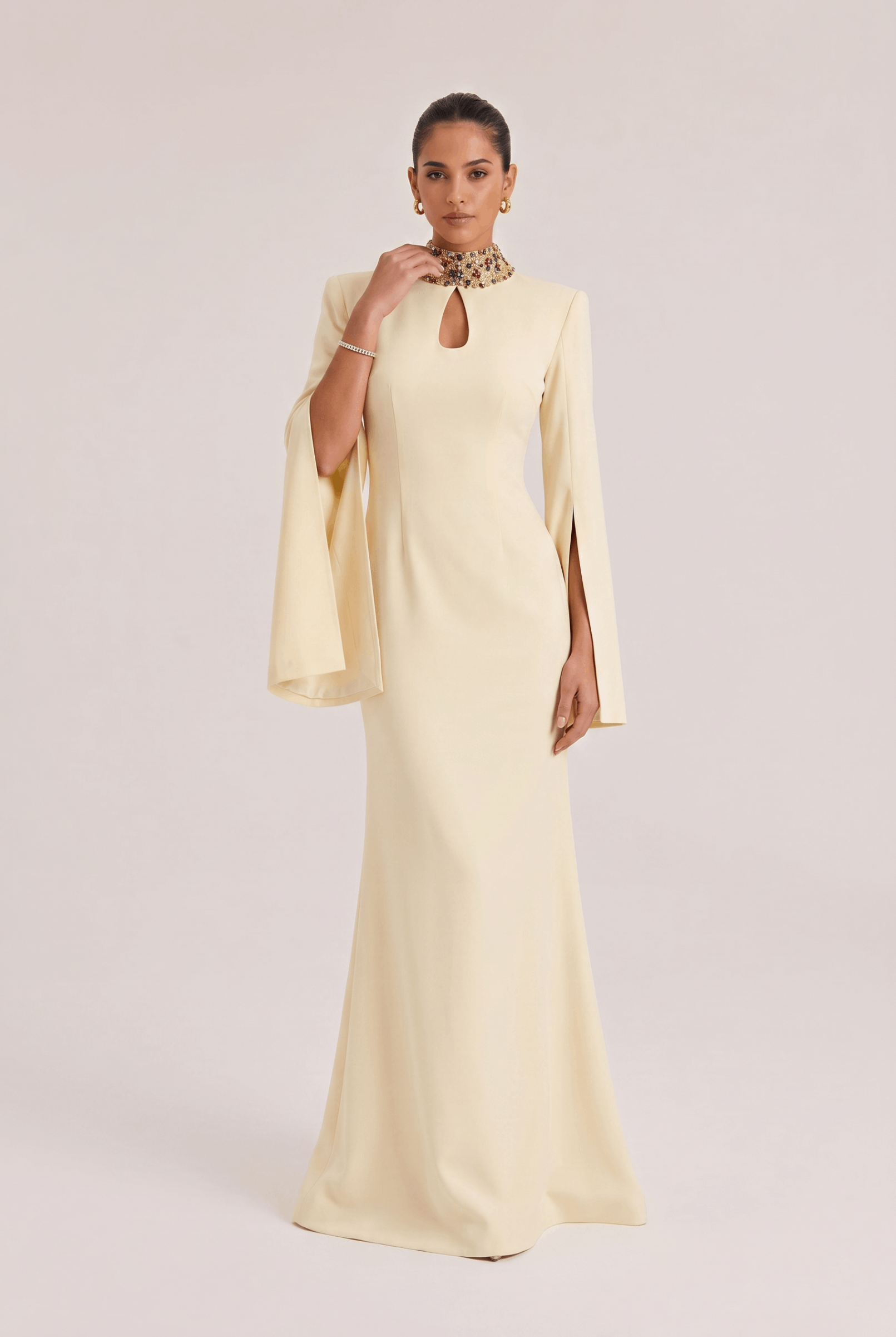 Vertical Collar Beaded And Diamond Split Dress