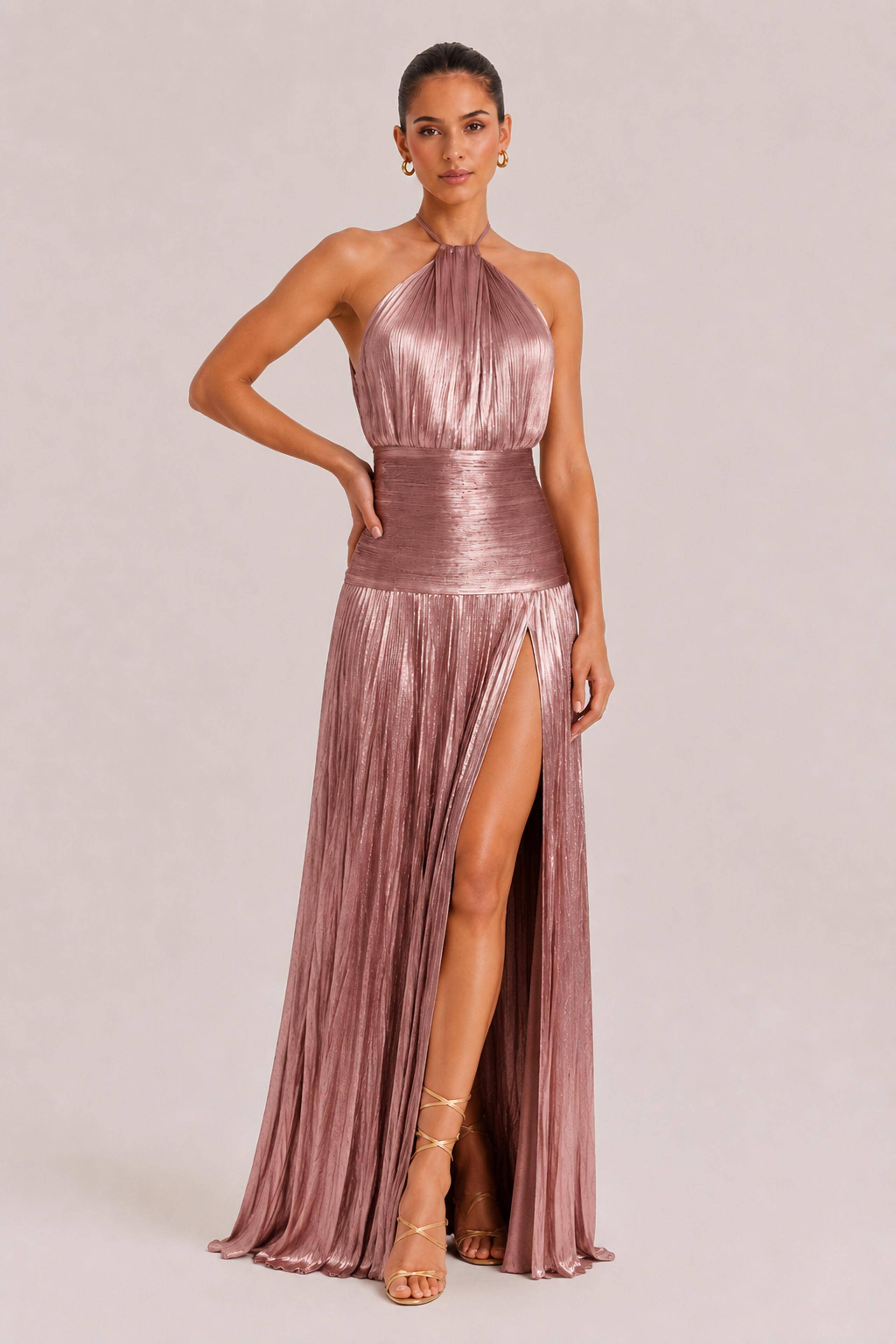 Elegant Metallic Pleated Halter Neck Maxi Dress