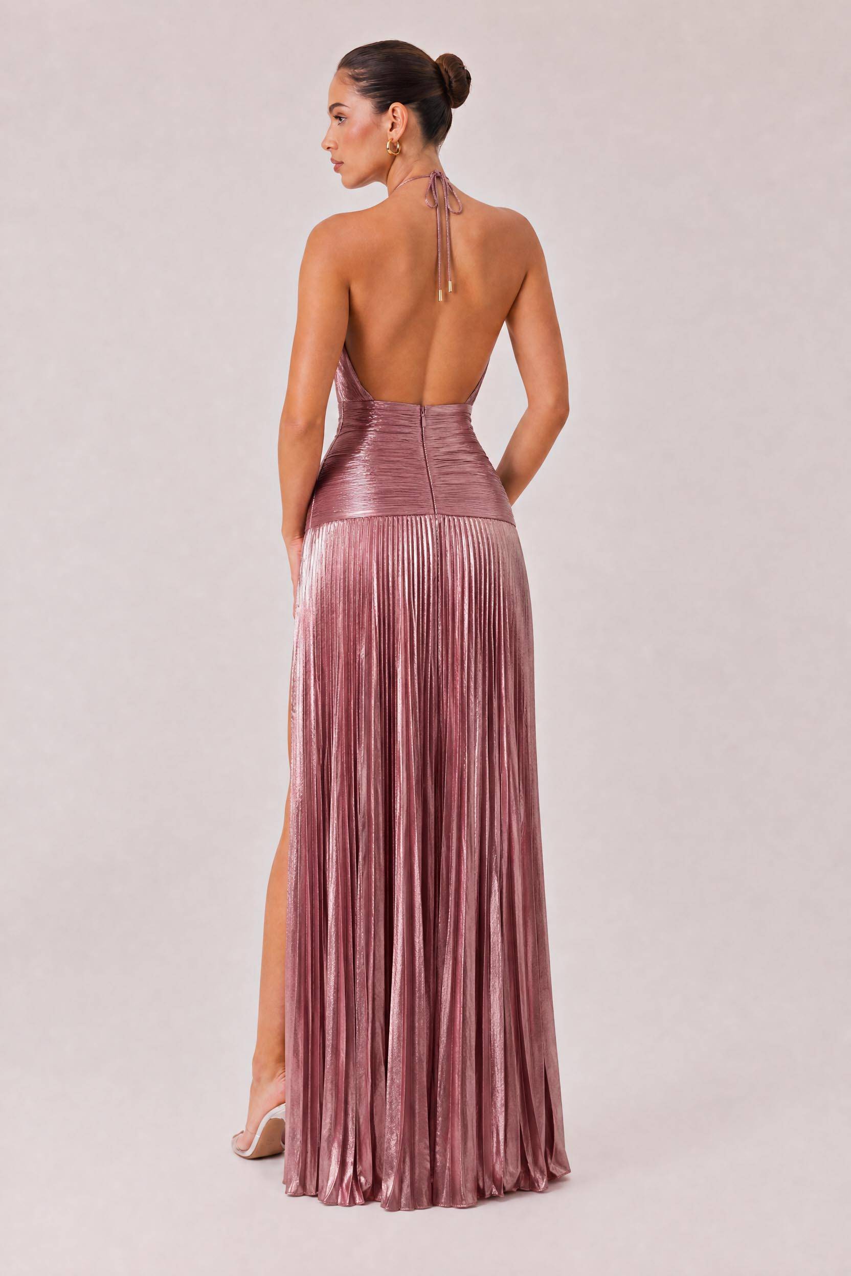 Elegant Metallic Pleated Halter Neck Maxi Dress