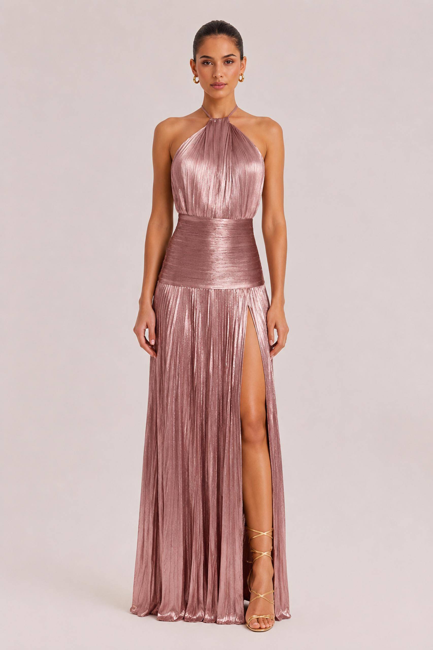 Elegant Metallic Pleated Halter Neck Maxi Dress