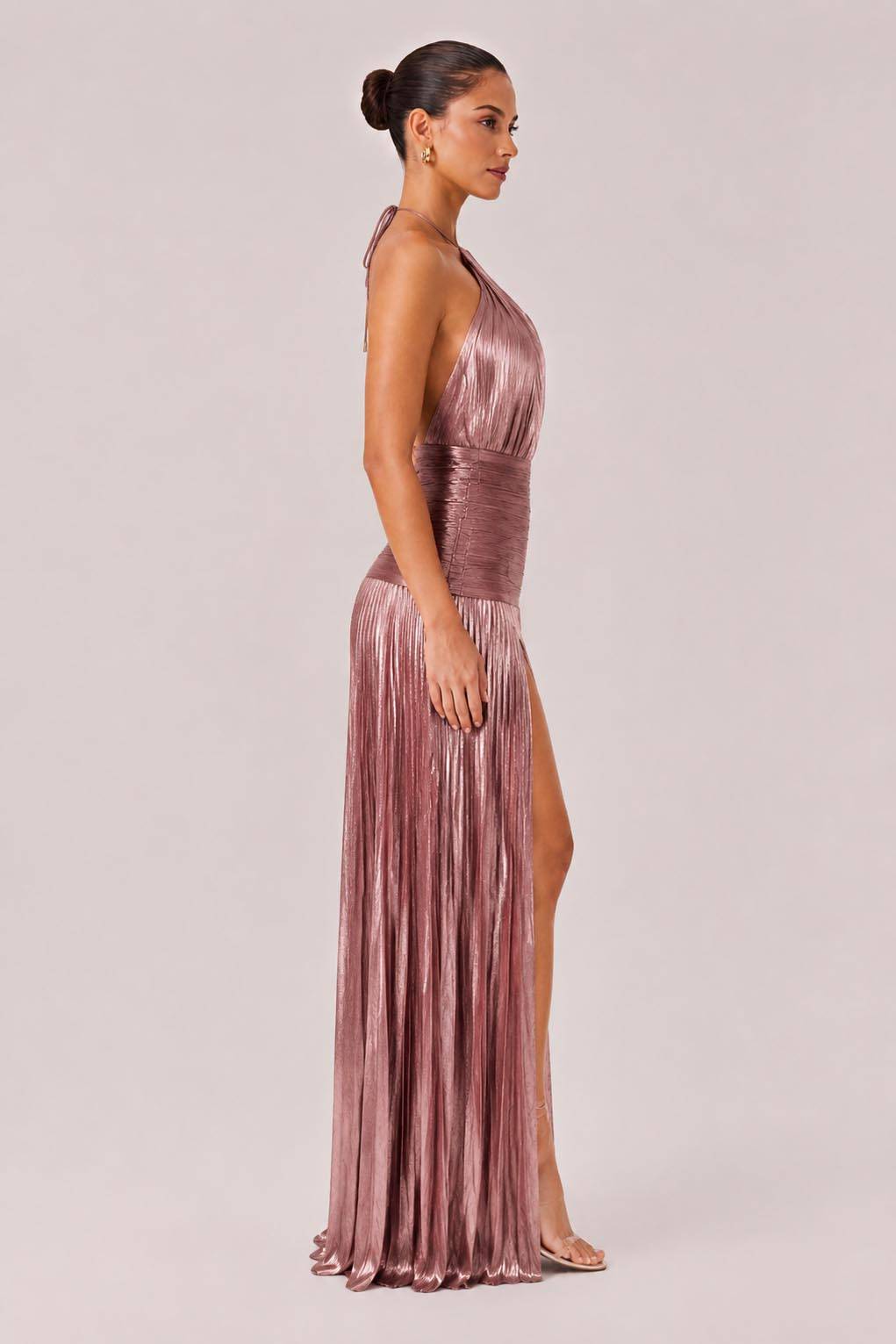 Elegant Metallic Pleated Halter Neck Maxi Dress