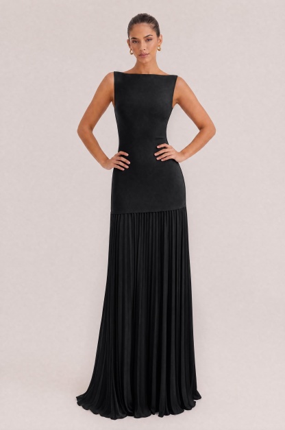 Elegant Pleated Classic Boat Neck Pleated Maxi Dress