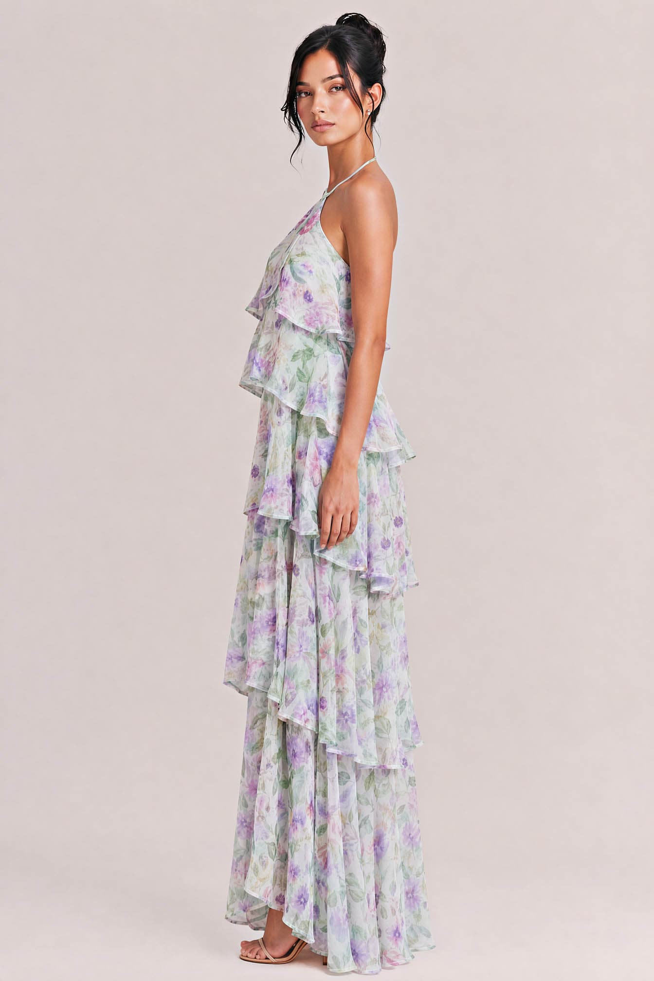 Halter Neck Multi-Layered Ruffle Floral Print Dress