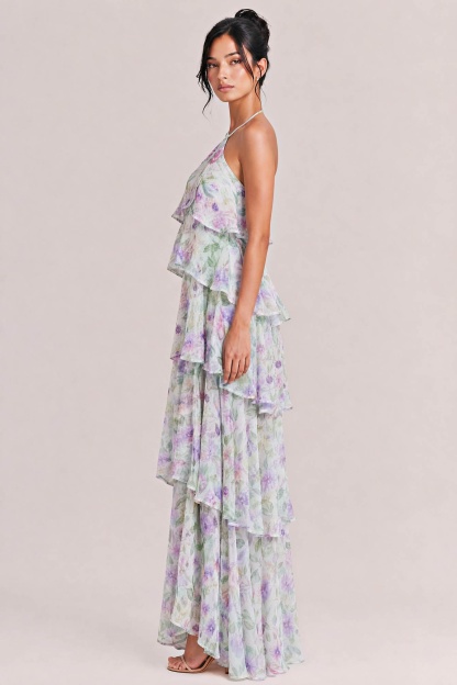Halter Neck Multi-Layered Ruffle Floral Print Dress