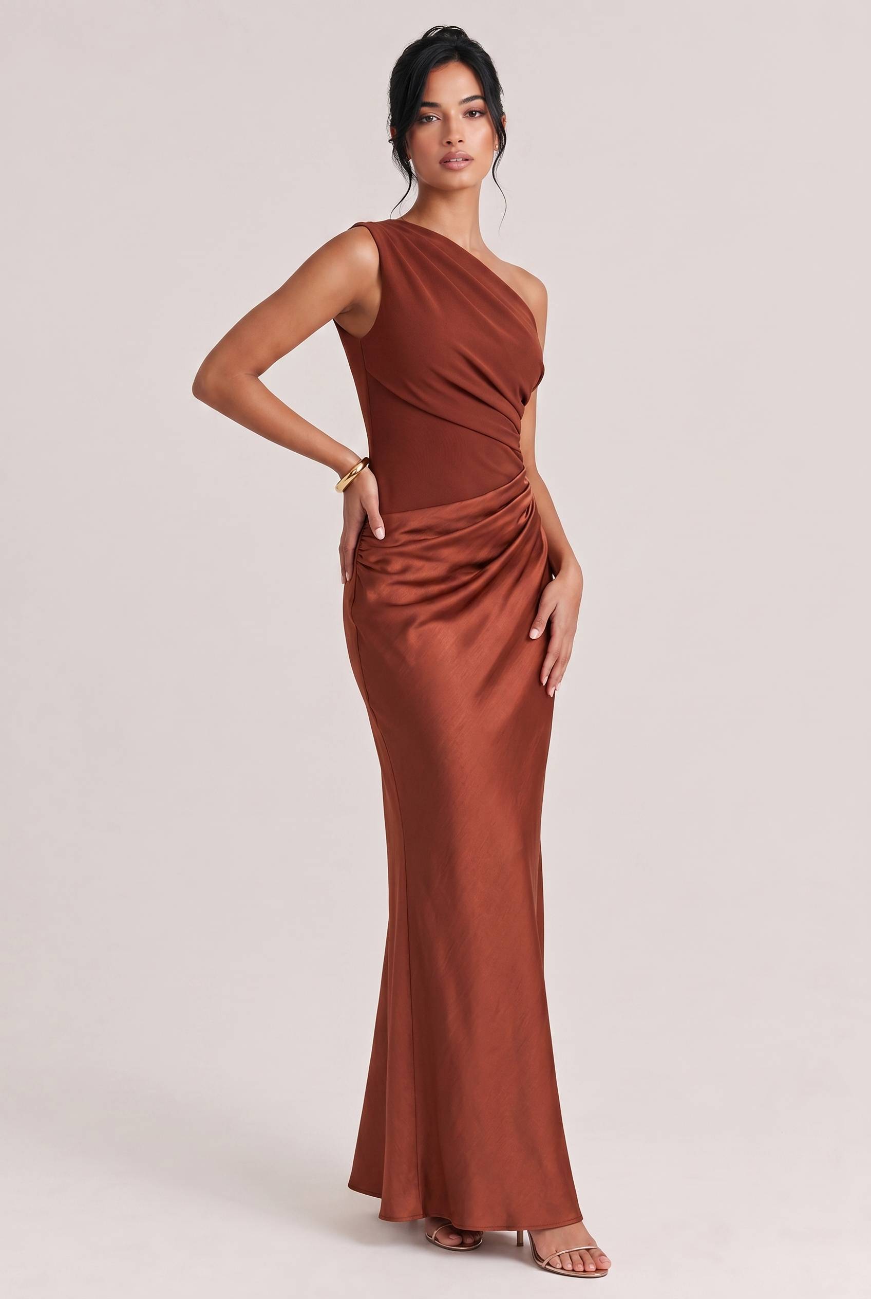 Elegant One Shoulder Neck Pleated Party Maxi Dress