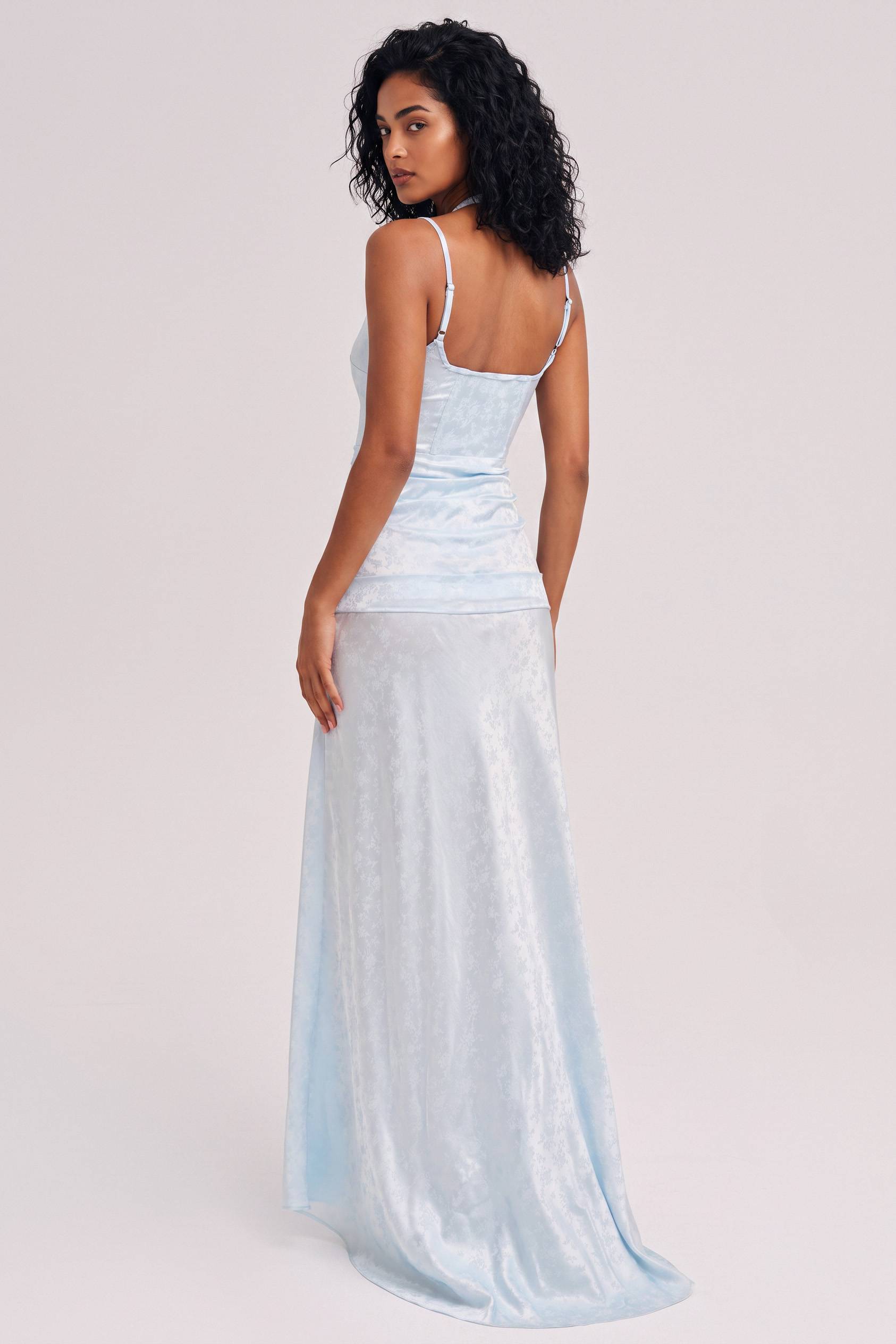 Light Blue Jacquard Satin Fine Sling Lace Strap Waist High Split Long Dress