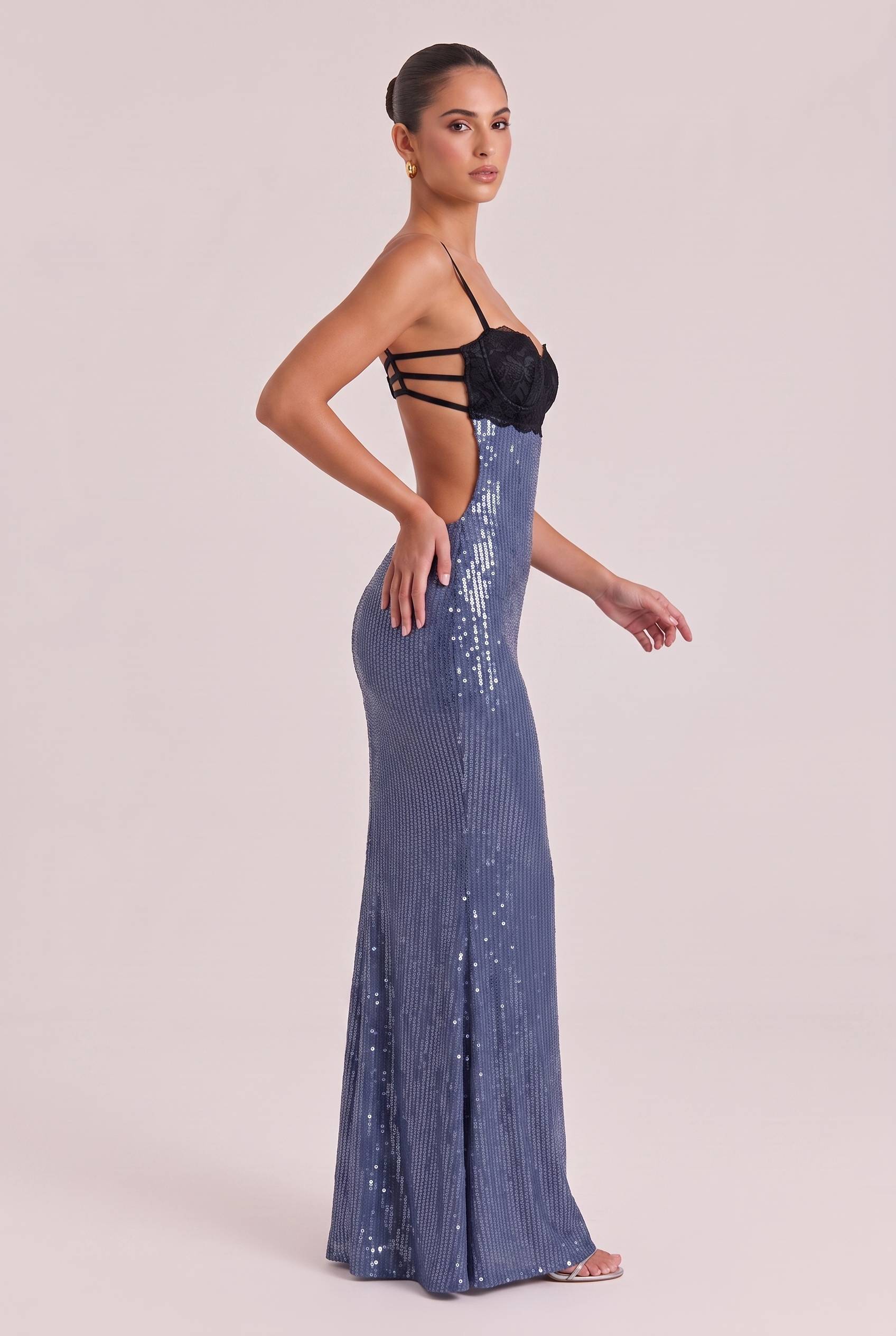 Stitching Blue Sequins Thin Strap Side Cutout Slim-fit Fishtail Long Dress