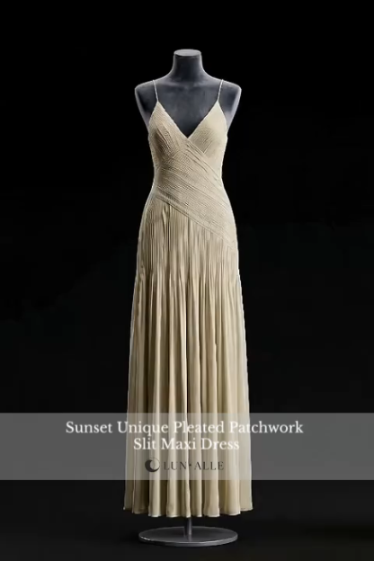 Sunset Unique Pleated Patchwork Slit Maxi Dress