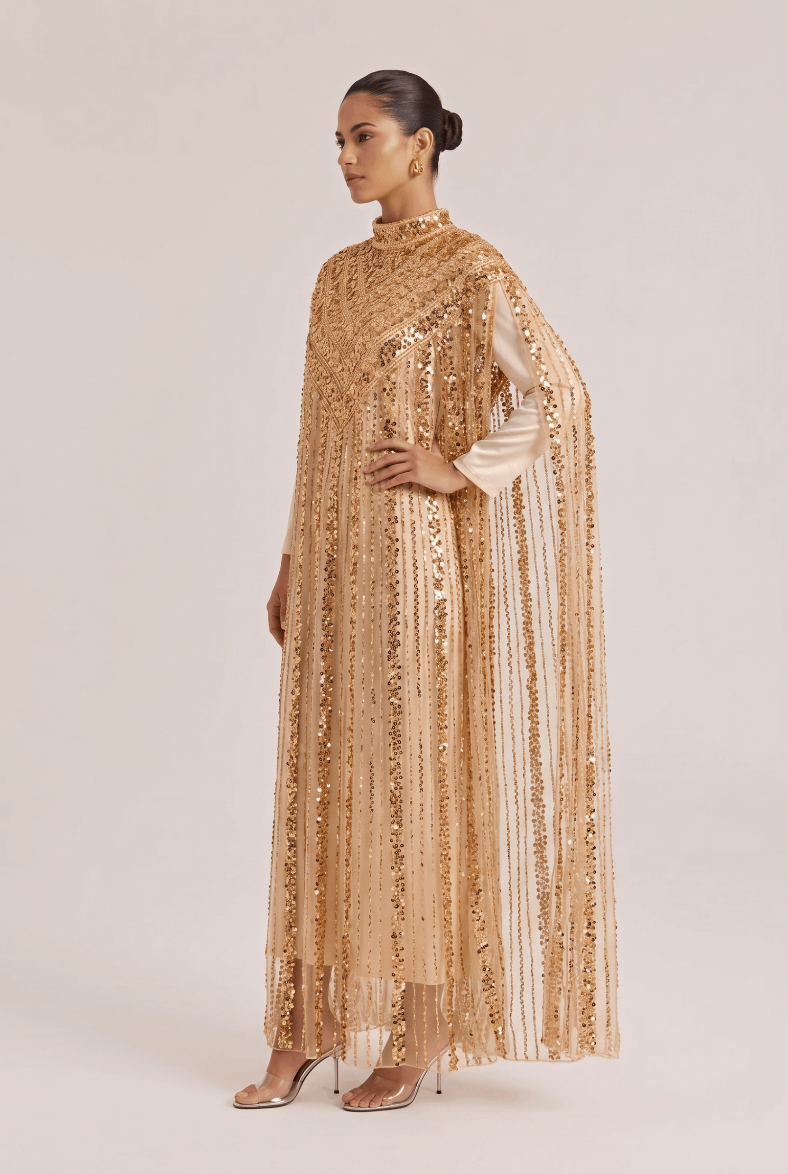 Heavy-duty gold sequined long cover-up dress
