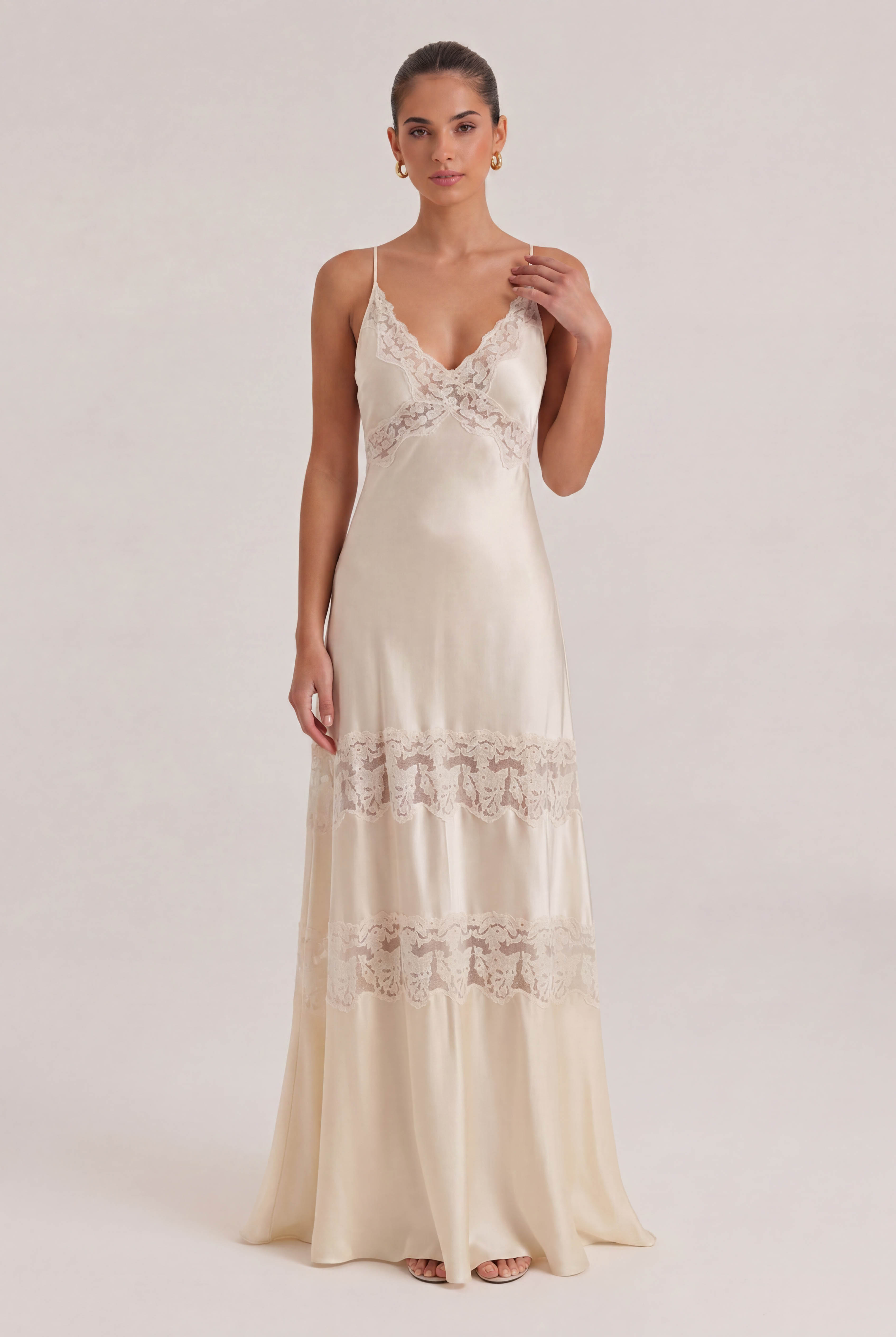 French Retro Satin Lace Stitching Maxi Dress