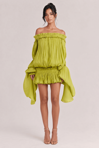 Green Strapless Ruffled Mini Dress
