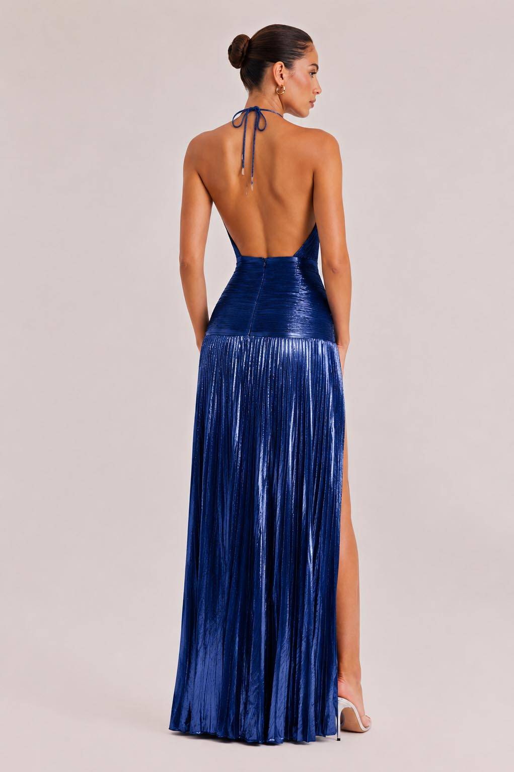 Elegant Metallic Pleated Halter Neck Maxi Dress