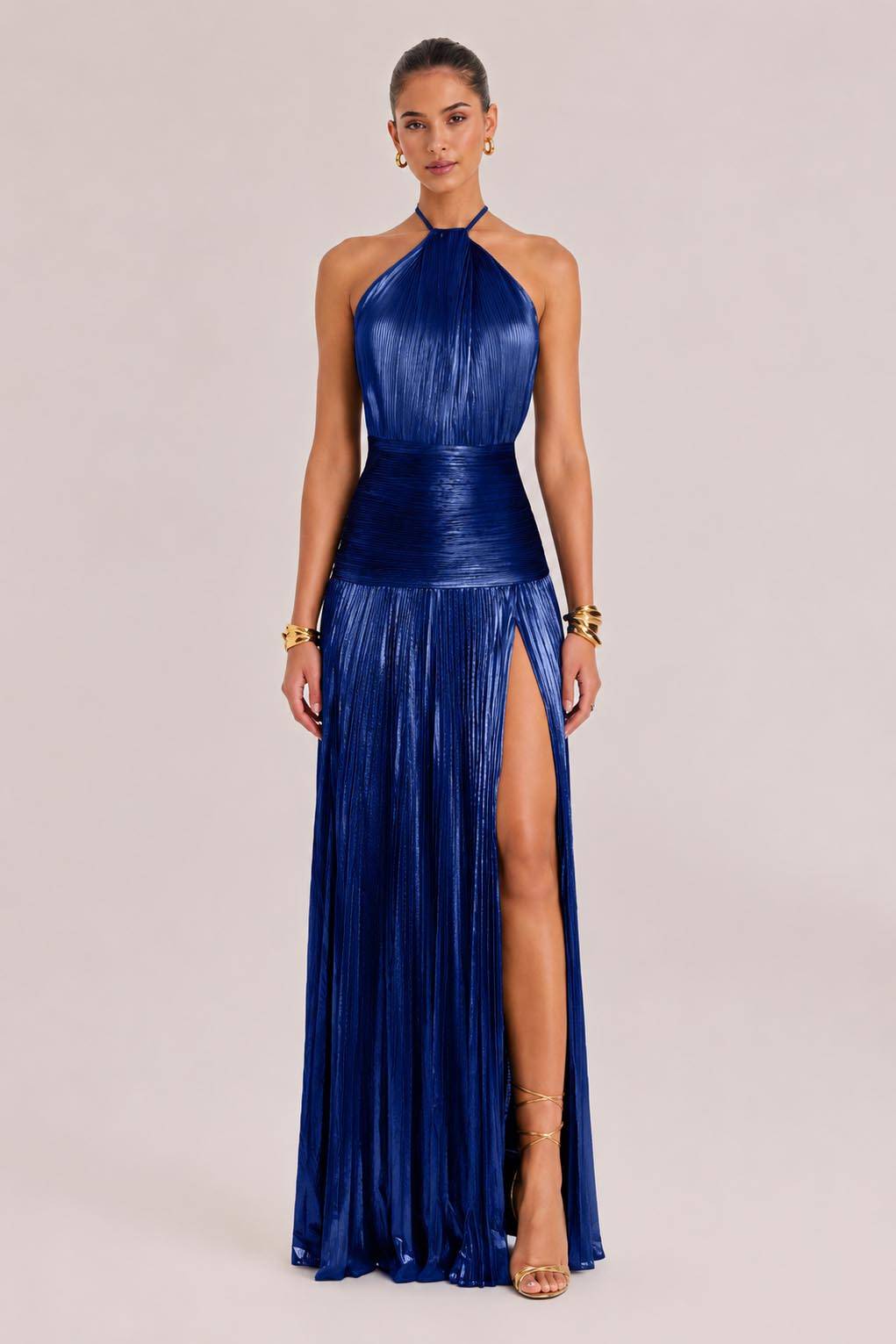 Elegant Metallic Pleated Halter Neck Maxi Dress