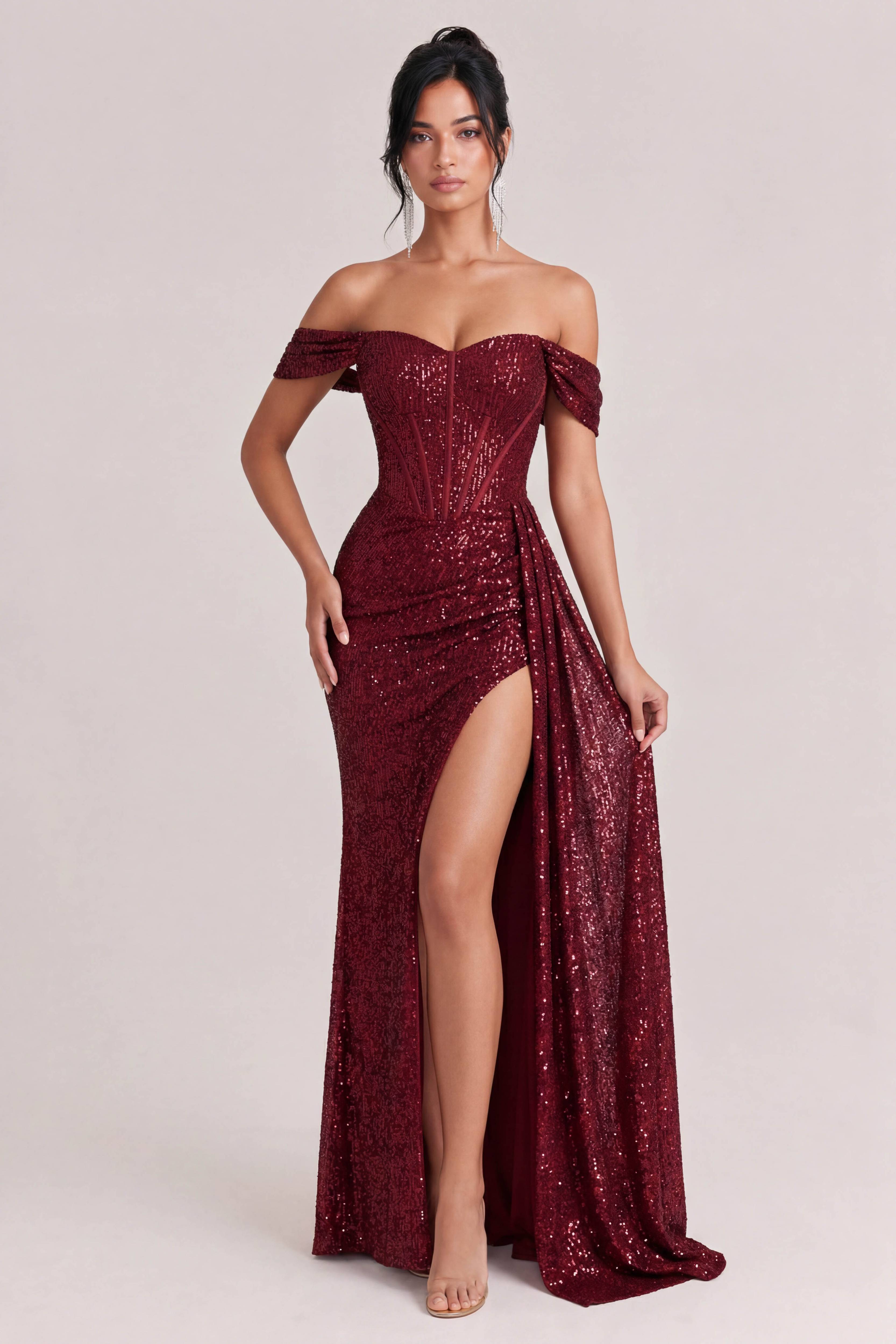 Off-Shoulder Sequin Slit Maxi Dress