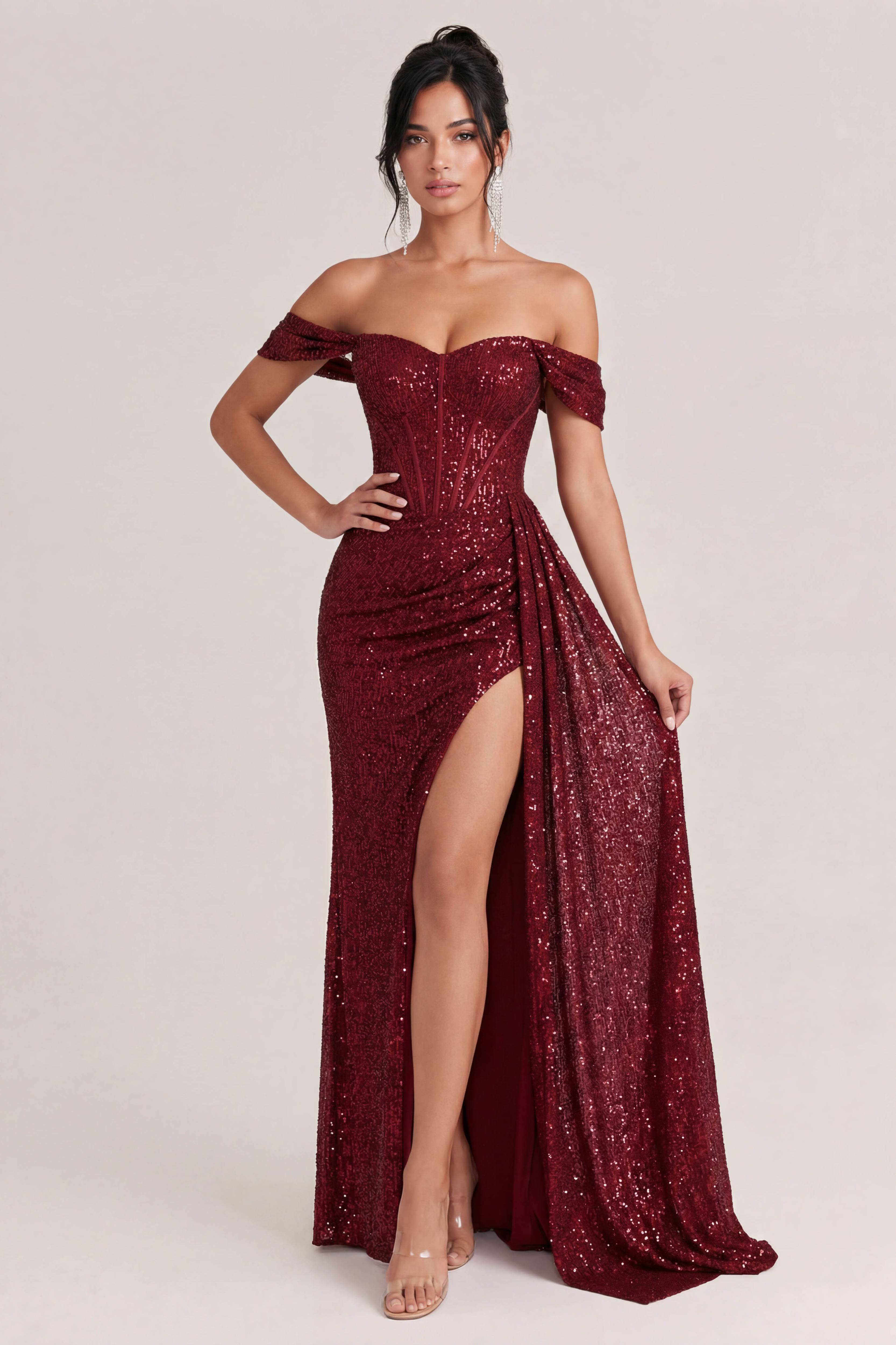 Off-Shoulder Sequin Slit Maxi Dress