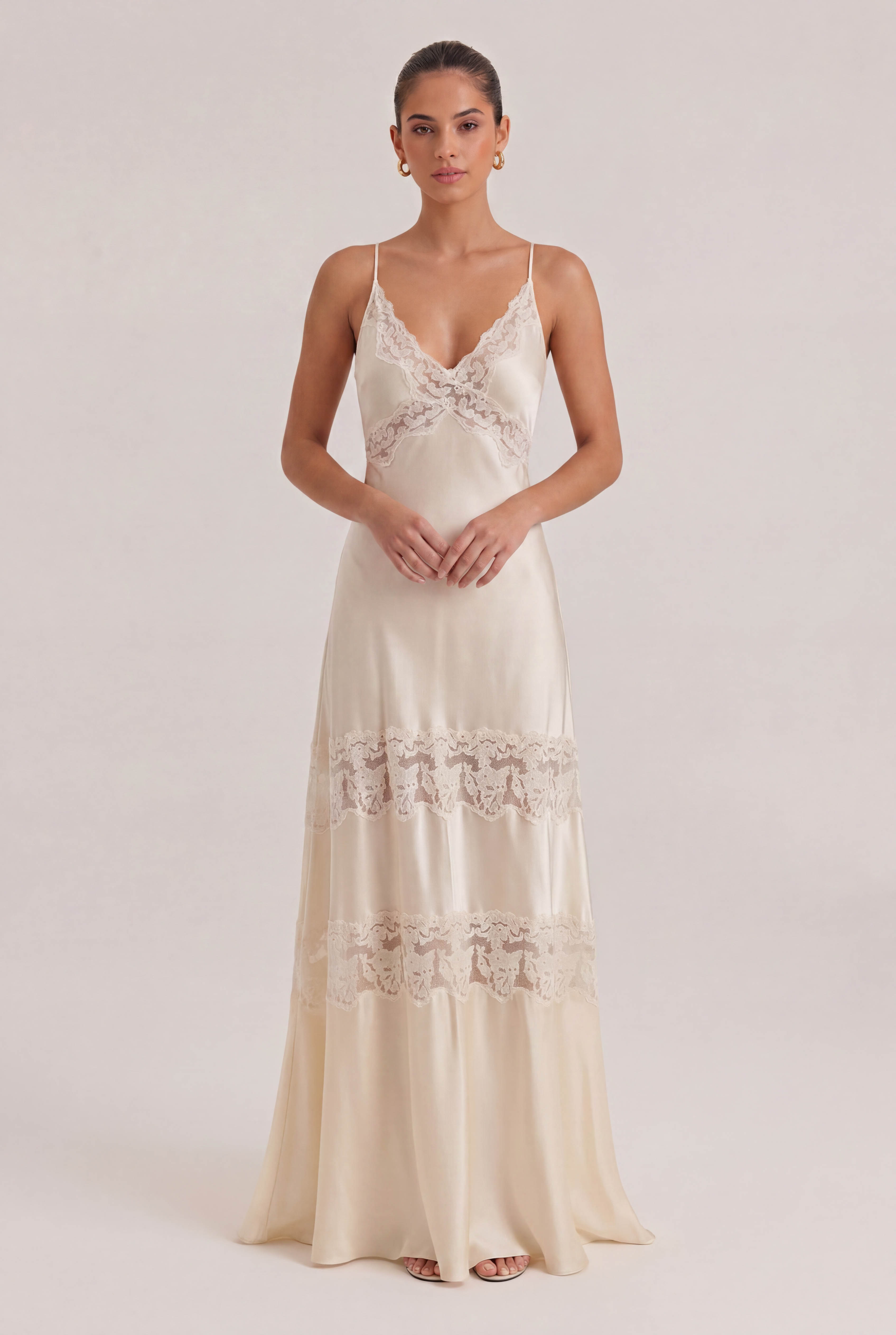 French Retro Satin Lace Stitching Maxi Dress