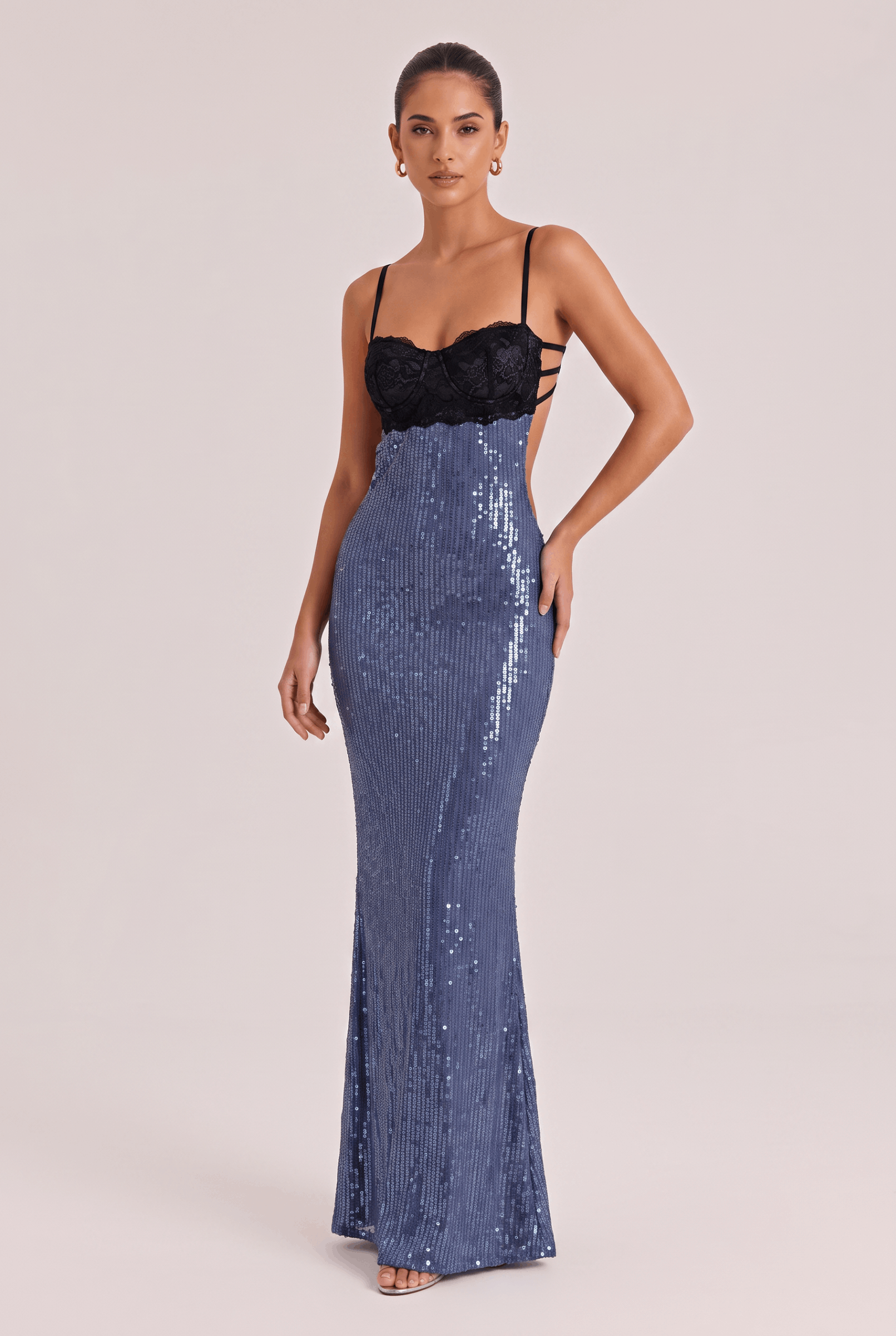 Stitching Blue Sequins Thin Strap Side Cutout Slim-fit Fishtail Long Dress