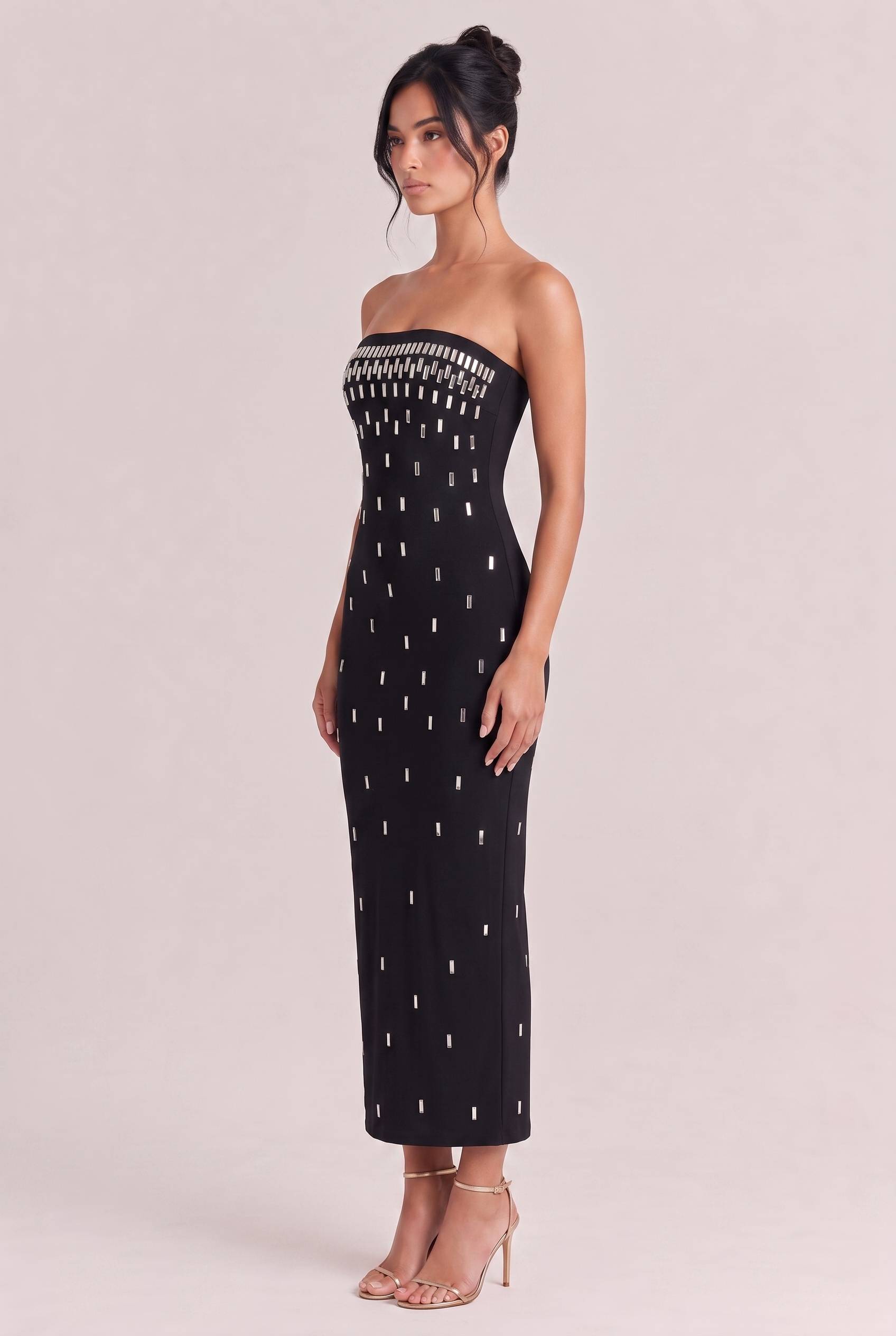 Black Strapless Silver Long Rhinestone Slim-fit Hip Long Dress