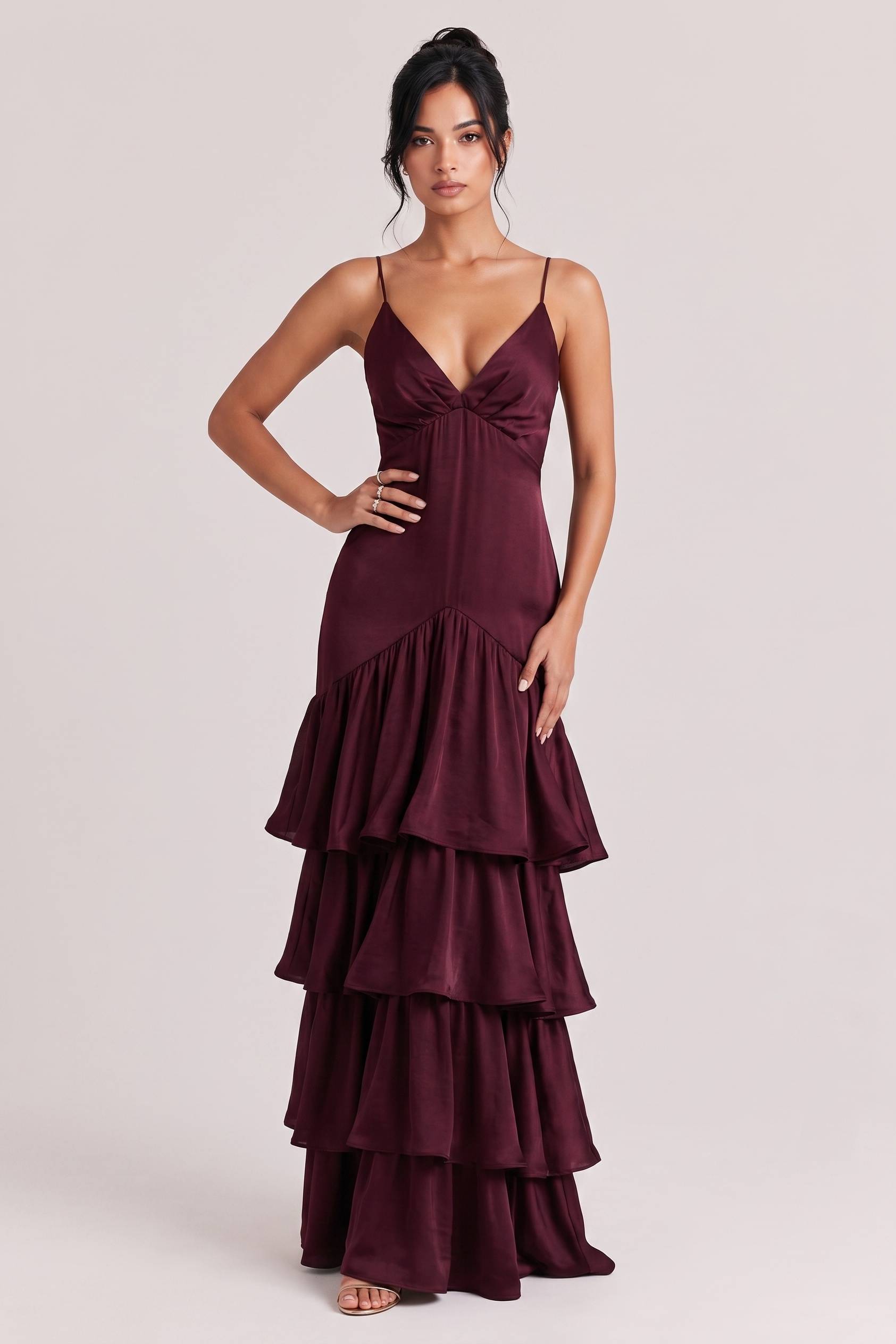 Elegant Deep V-Neck Tiered Ruffle Maxi Dress