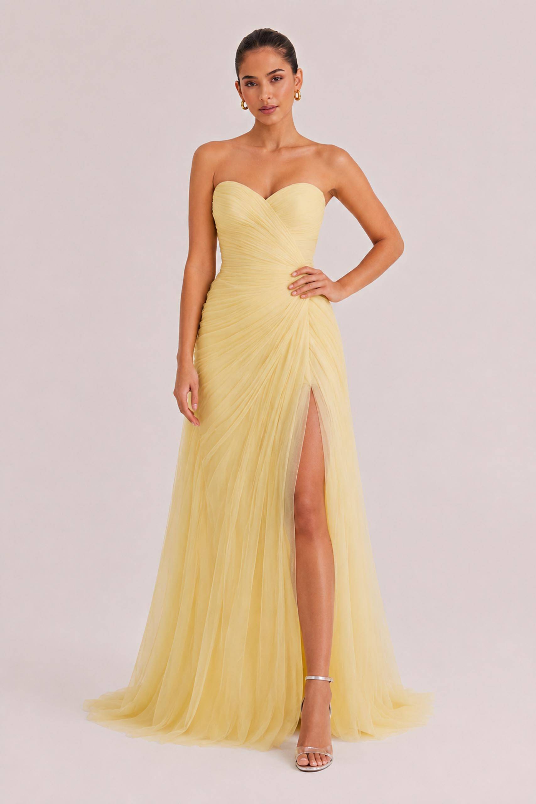 Elegant Strapless Pleated Tulle Maxi Dress