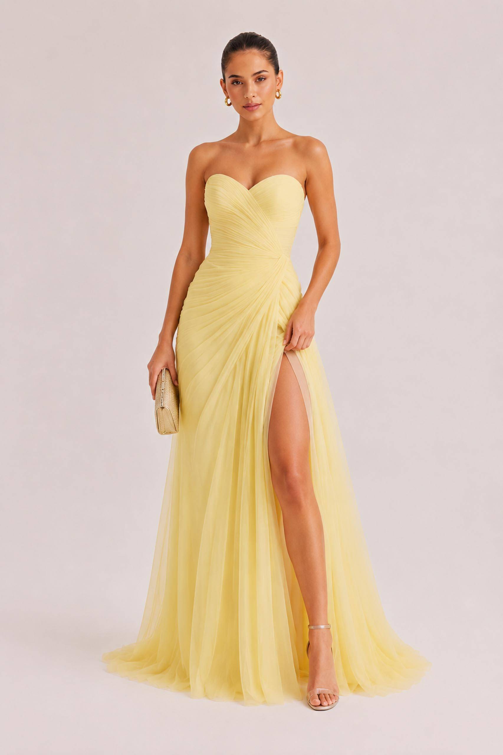 Elegant Strapless Pleated Tulle Maxi Dress