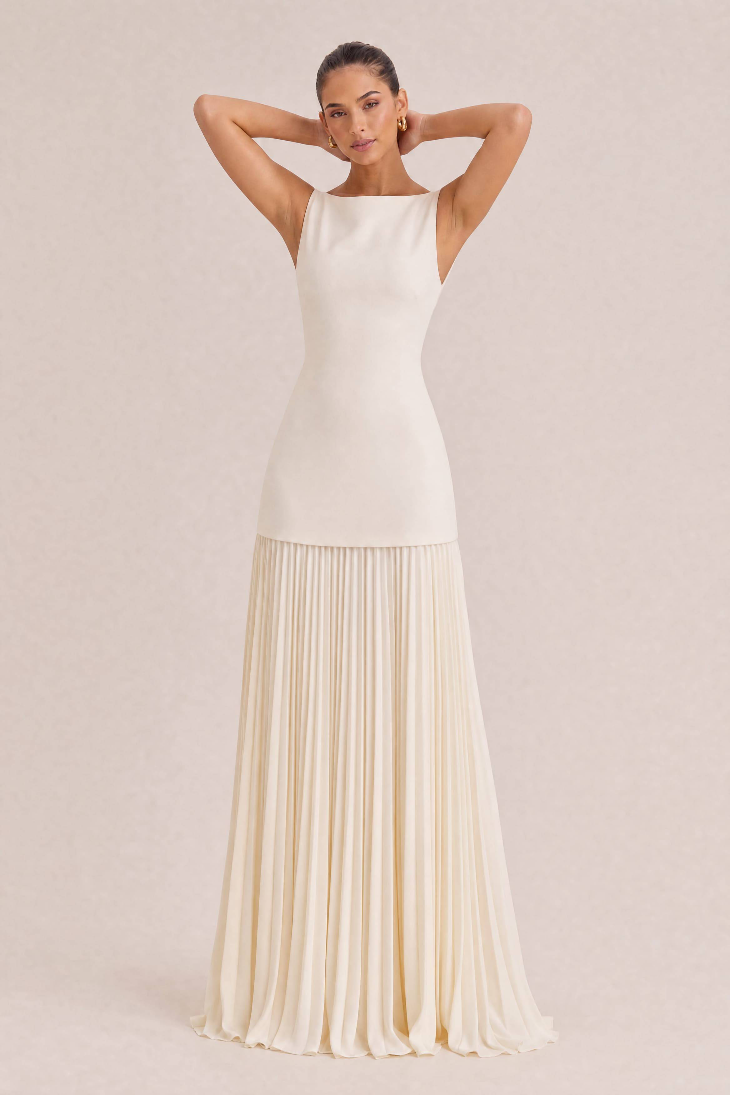 Elegant Pleated Classic Boat Neck Pleated Maxi Dress