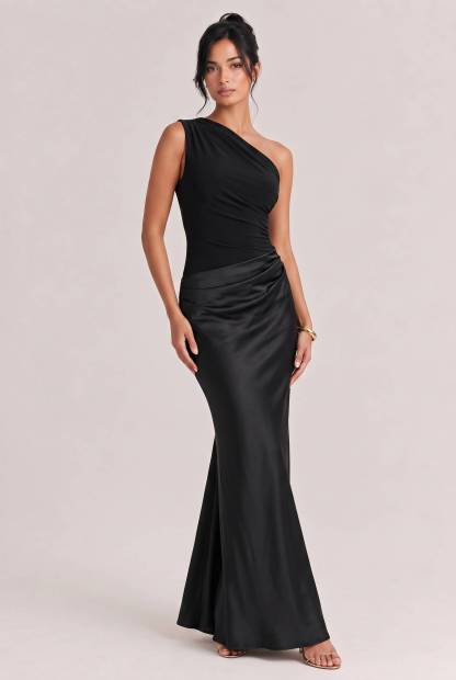 Elegant One Shoulder Neck Pleated Party Maxi Dress