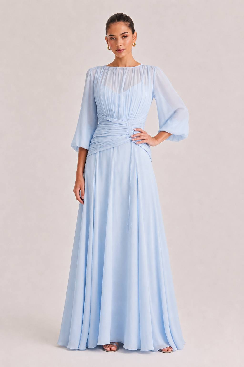 Elegant High Neck Balloon Sleeve Maxi Dress