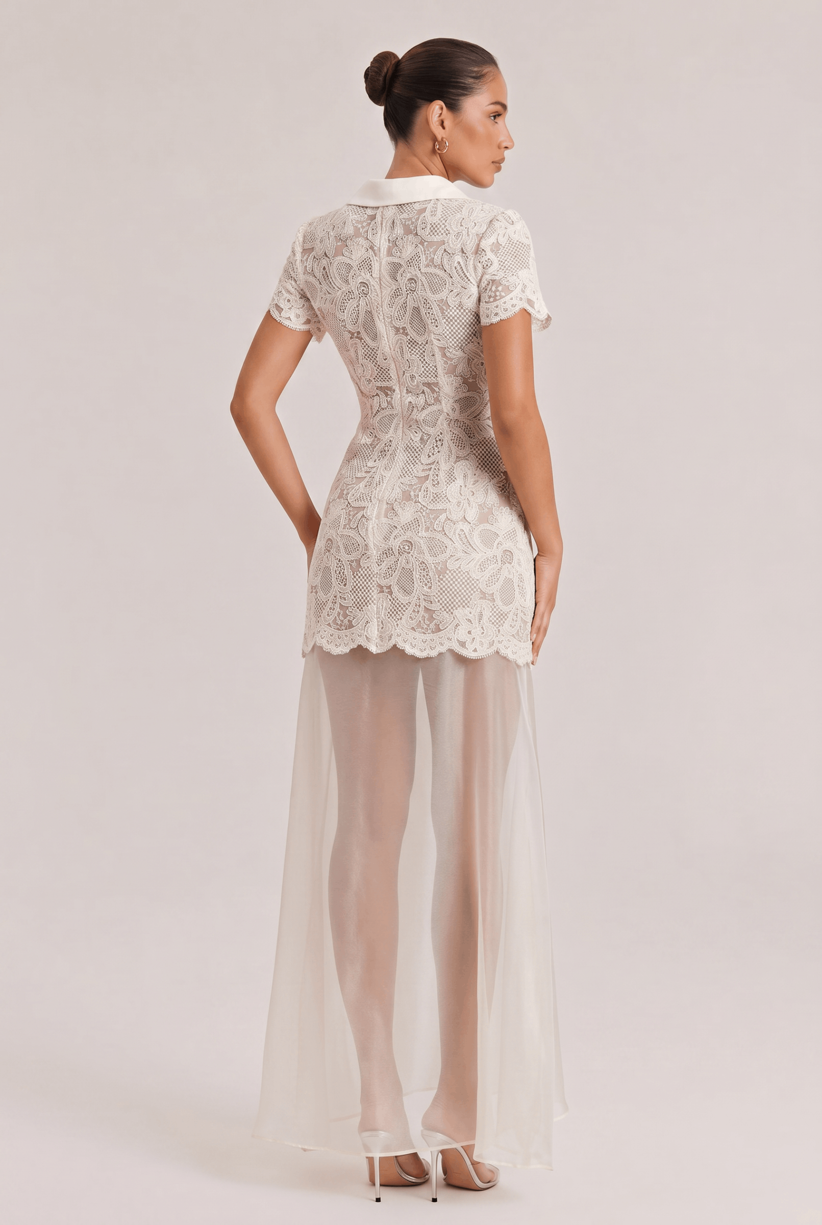 Elegant Fit Button Short Sleeve Lace Top And Satin Skirt