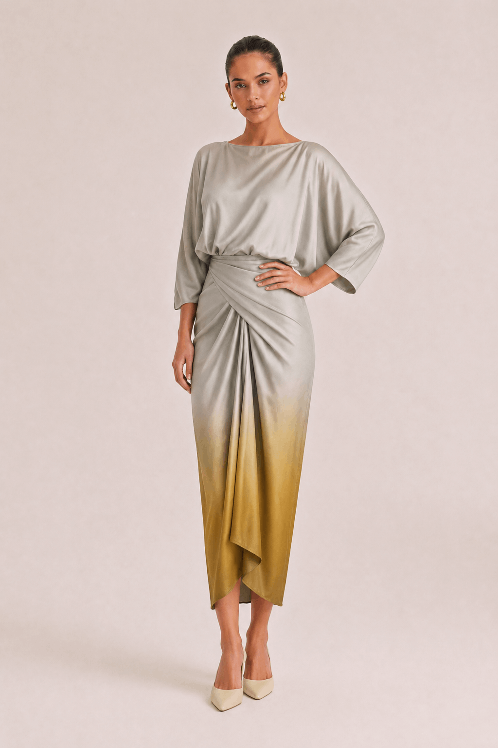 Elegant Gradient Draped Top And Pleated Long Skirt Two-piece Set