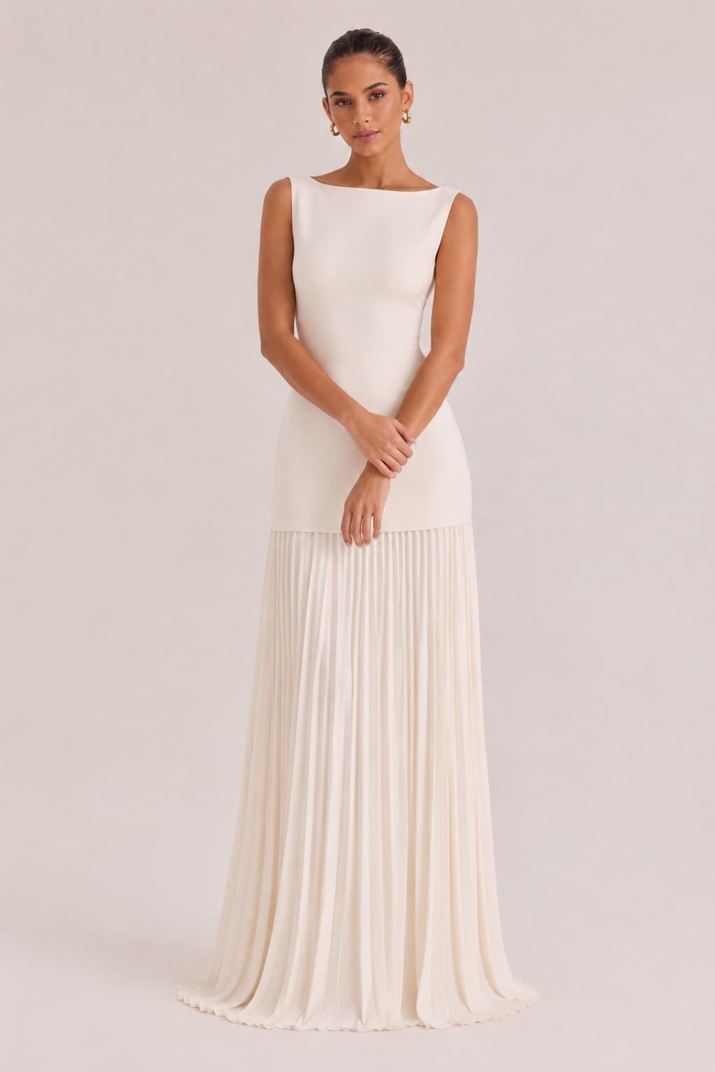 Elegant Pleated Classic Boat Neck Pleated Maxi Dress