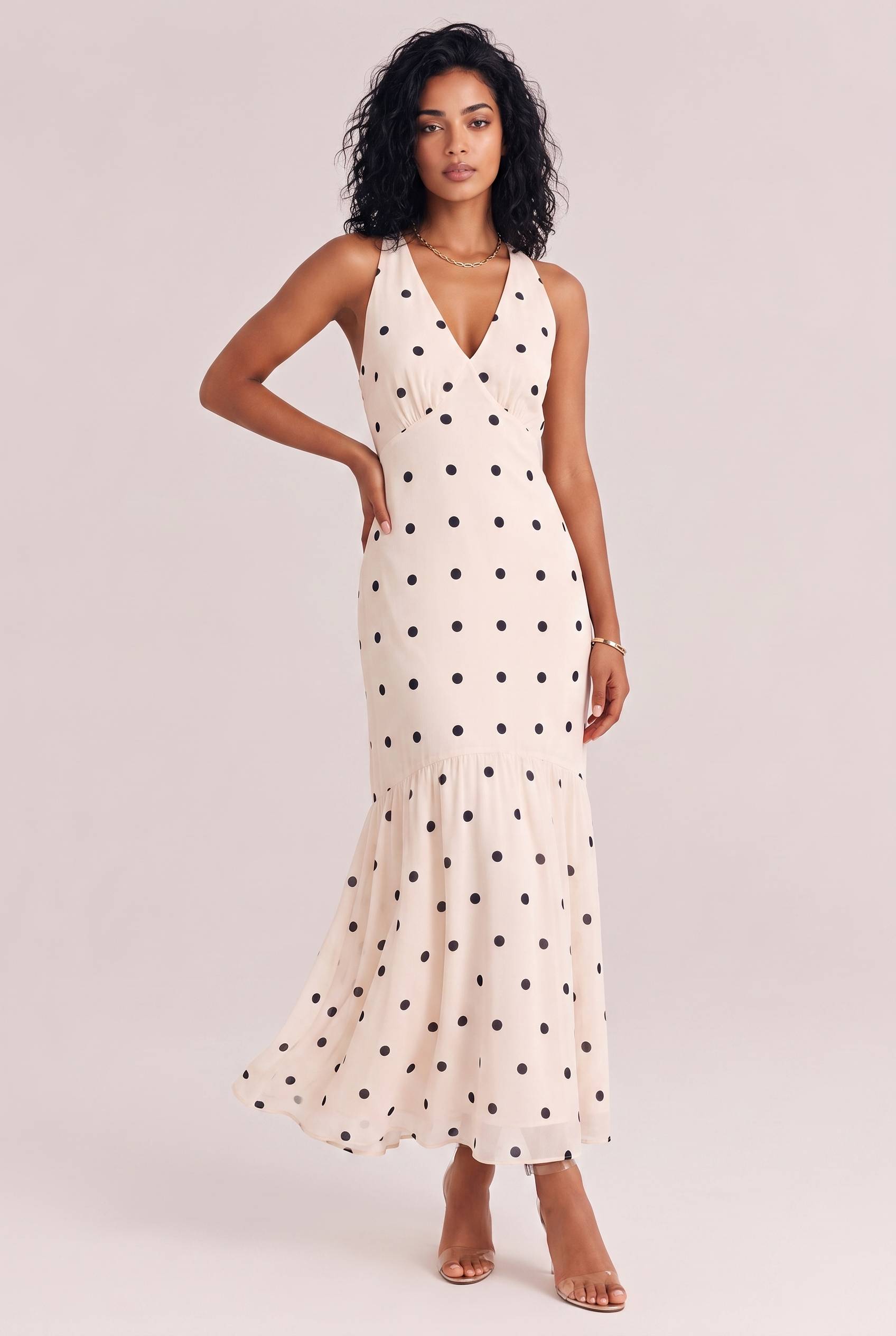 Elegant Polka Dot Ruffle Layered Chiffon Cape Maxi Dress
